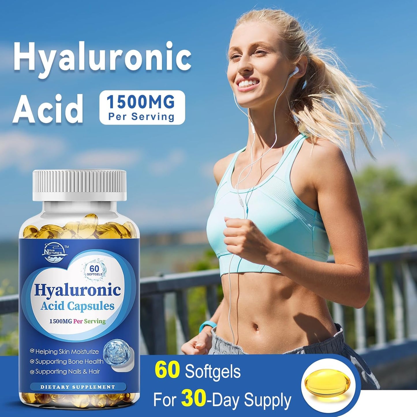 1500mg High Bioavailable Hyaluronic Acid Capsules for Skin, Joints, Hair & Nails - 180 Softgels, Triple Pack