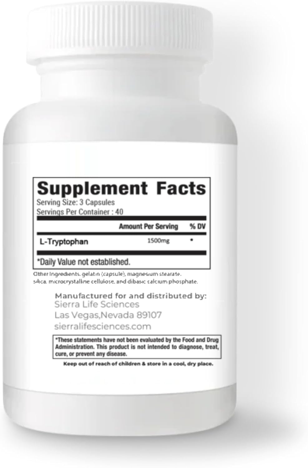 1500mg High Dose L-Tryptophan Capsules by Sierra Life Sciences - Gluten-Free & Non-GMO - 40 Servings