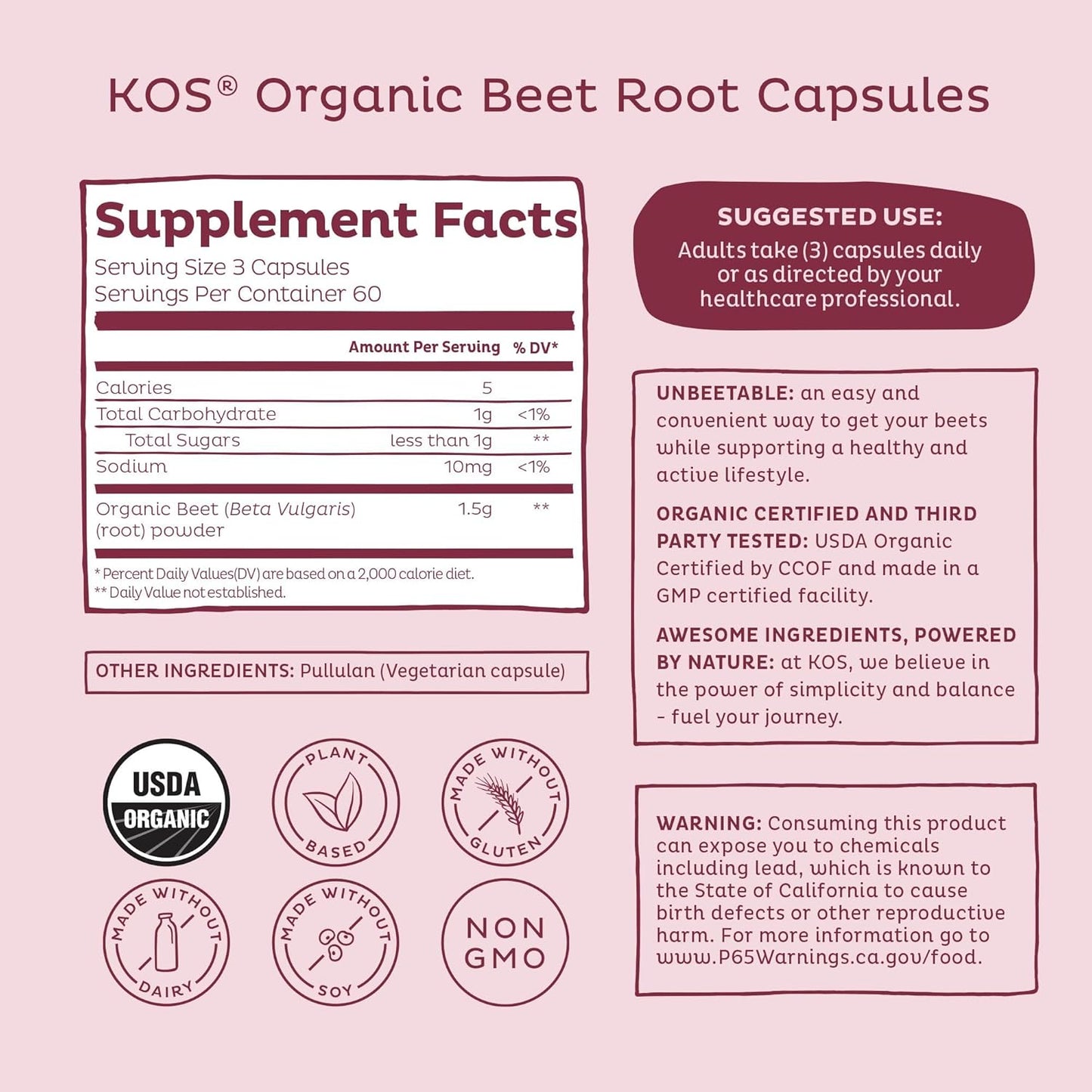 1500mg KOS Organic Beet Root Capsules - Promotes Active Lifestyle - Superfood Powder - 180 Capsules for Health