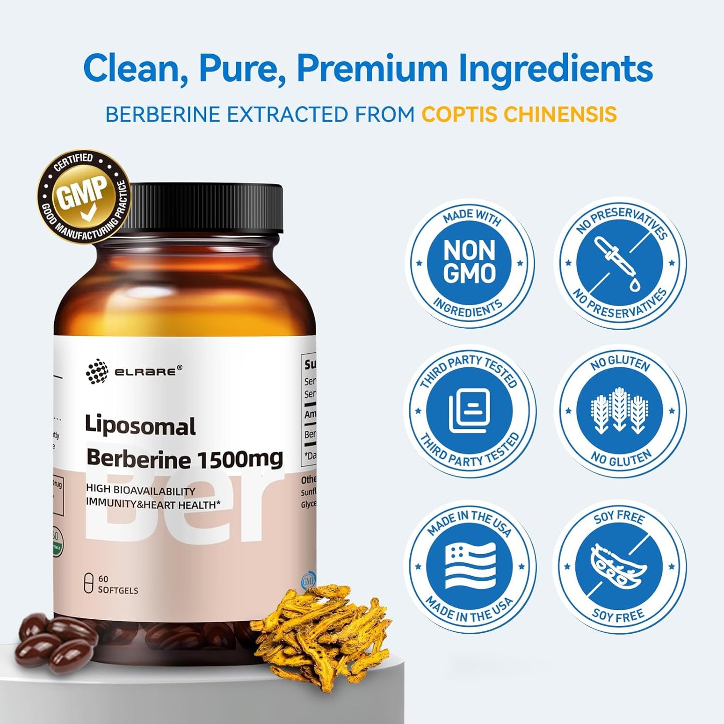 1500mg Liposomal Berberine HCL Supplement for Liver & Heart Health - AMPK Activator, Non-GMO, Gluten-Free - 60 Softgels for Men & Women