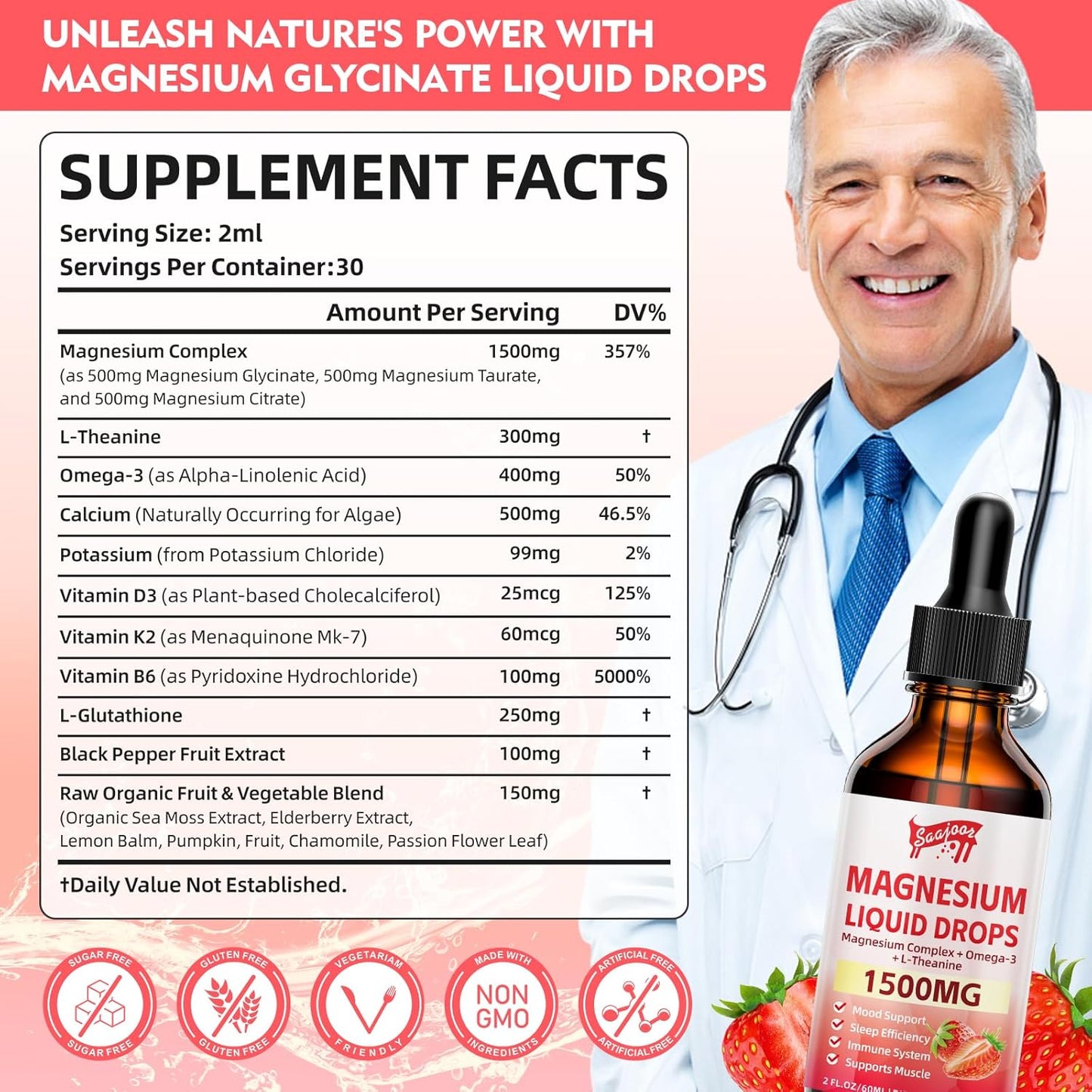 1500mg Magnesium Glycinate Liquid Drops with Vitamin B6, D3, L-Theanine, Omega-3 - Supports Night, Muscle, Bone, Mood - Strawberry Flavor - 2 Fl Oz Bottle