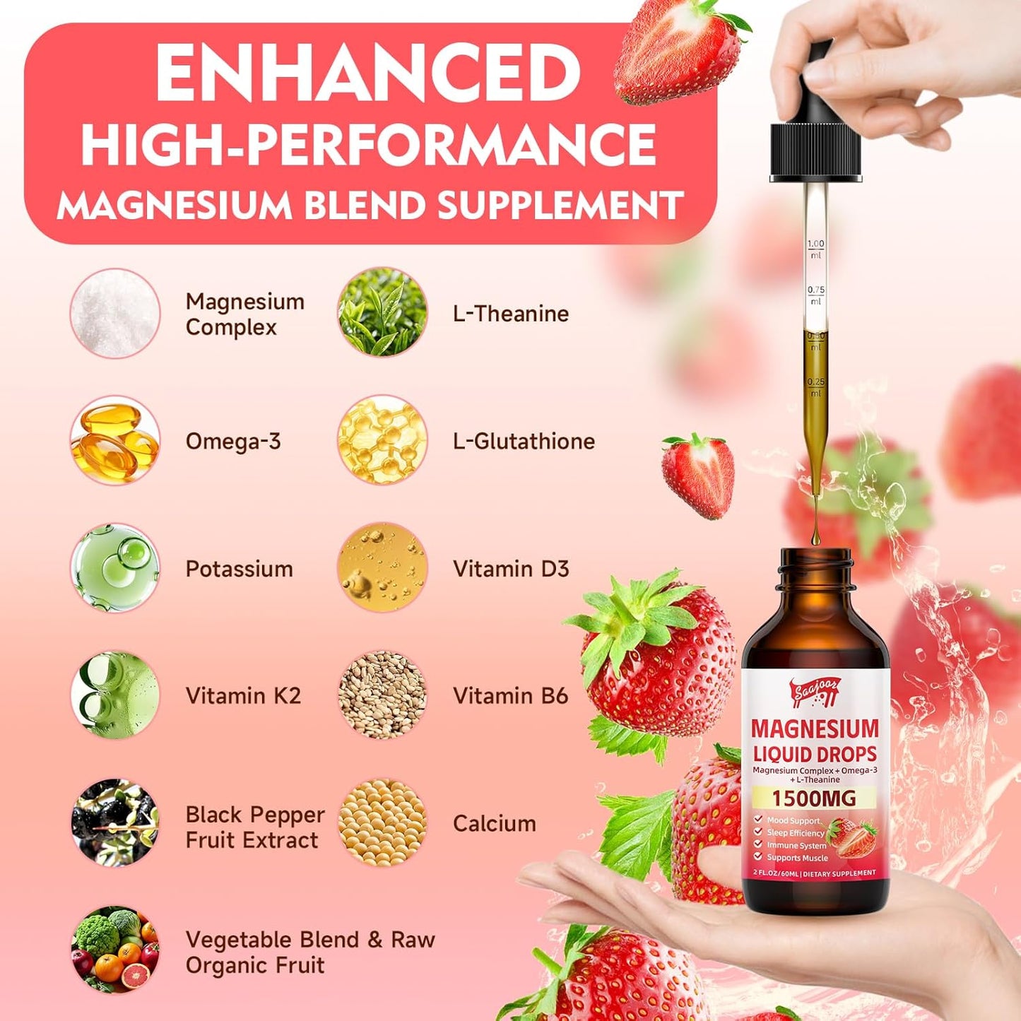 1500mg Magnesium Glycinate Liquid Drops with Vitamin B6, D3, L-Theanine, Omega-3 - Supports Night, Muscle, Bone, Mood - Strawberry Flavor - 2 Fl Oz Bottle