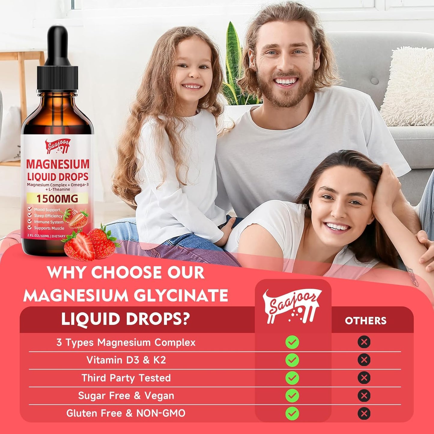 1500mg Magnesium Glycinate Liquid Drops with Vitamin B6, D3, L-Theanine, Omega-3 - Supports Night, Muscle, Bone, Mood - Strawberry Flavor - 2 Fl Oz Bottle