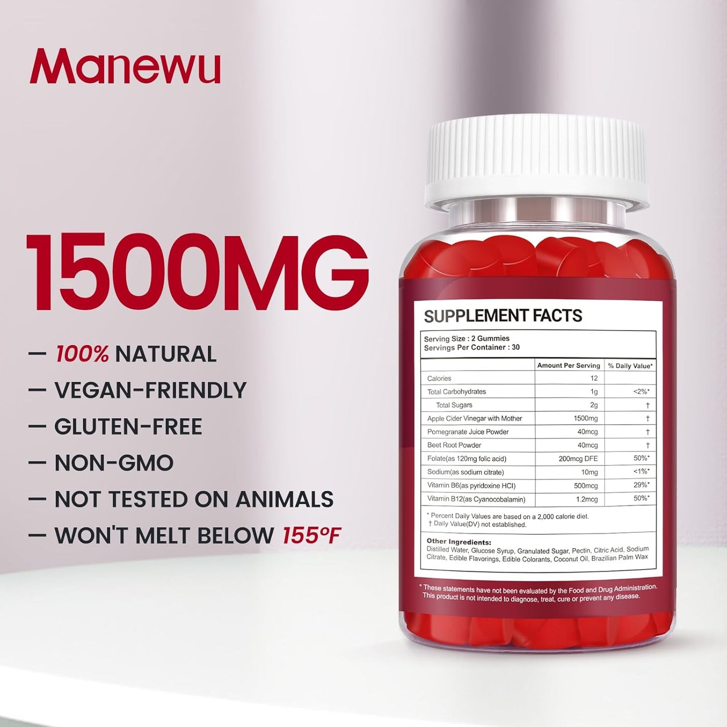 1500mg Manewu Keto Apple Cider Vinegar Gummies for Men & Women - Low-Sugar, Gluten Free, Vegan - Non-GMO ACV Diet Supplement, 120 Count