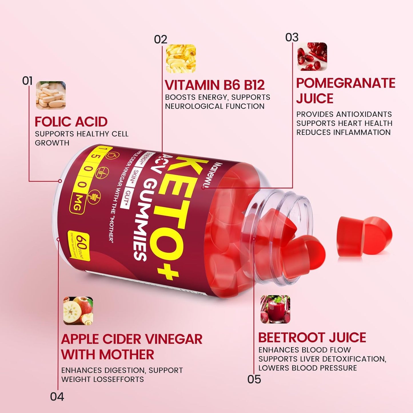 1500mg Manewu Keto Apple Cider Vinegar Gummies for Men & Women - Low-Sugar, Gluten Free, Vegan - Non-GMO ACV Diet Supplement, 120 Count