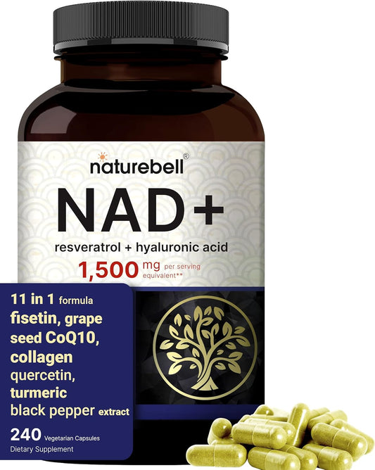 1500mg NAD+ Supplement with Resveratrol, Hyaluronic Acid, Quercetin, Fisetin, and Collagen - 240 Capsules - Non-GMO - Nicotinamide