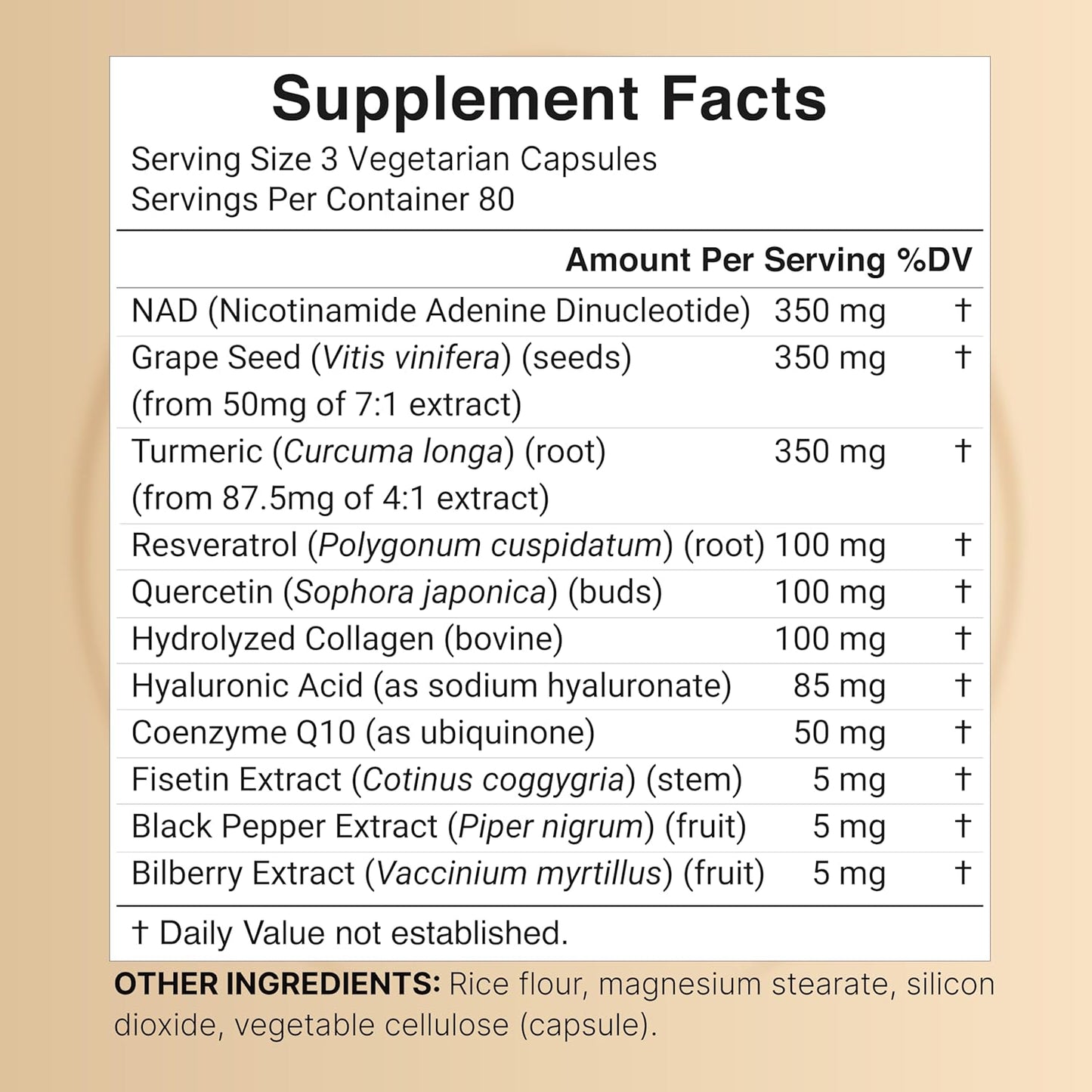 1500mg NAD+ Supplement with Resveratrol, Hyaluronic Acid, Quercetin, Fisetin, and Collagen - 240 Capsules - Non-GMO - Nicotinamide