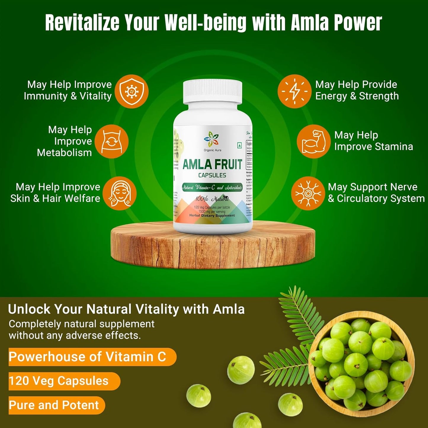 1500mg Organic Amla Capsules - 150 Veg Capsules for Immunity and Skin Glow