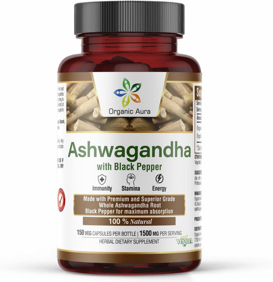 1500mg Organic Ashwagandha with Pepper Capsules - 150 Count, Non-GMO & Gluten-Free by Organic Aura International
