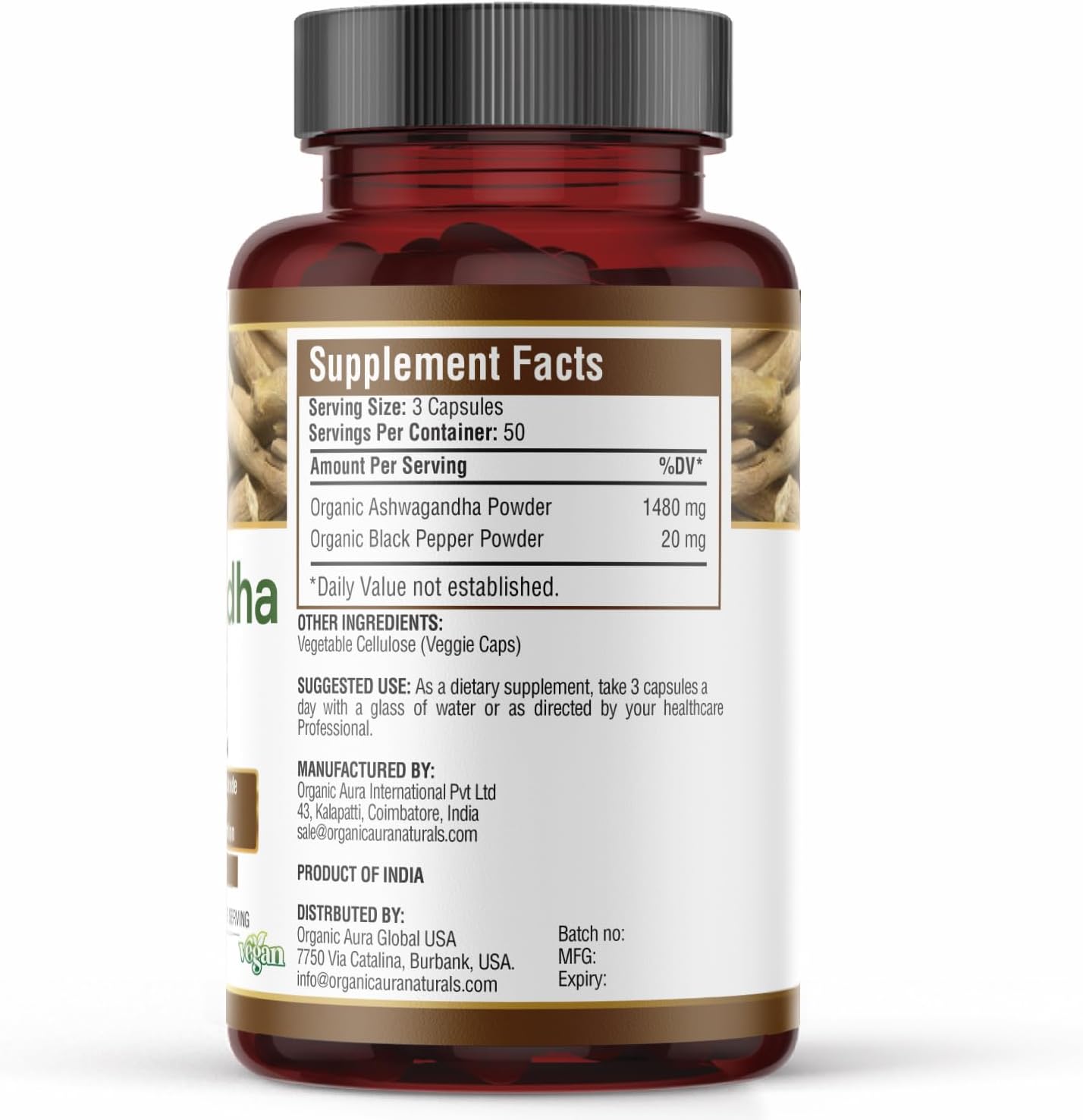 1500mg Organic Ashwagandha with Pepper Capsules - 150 Count, Non-GMO & Gluten-Free by Organic Aura International