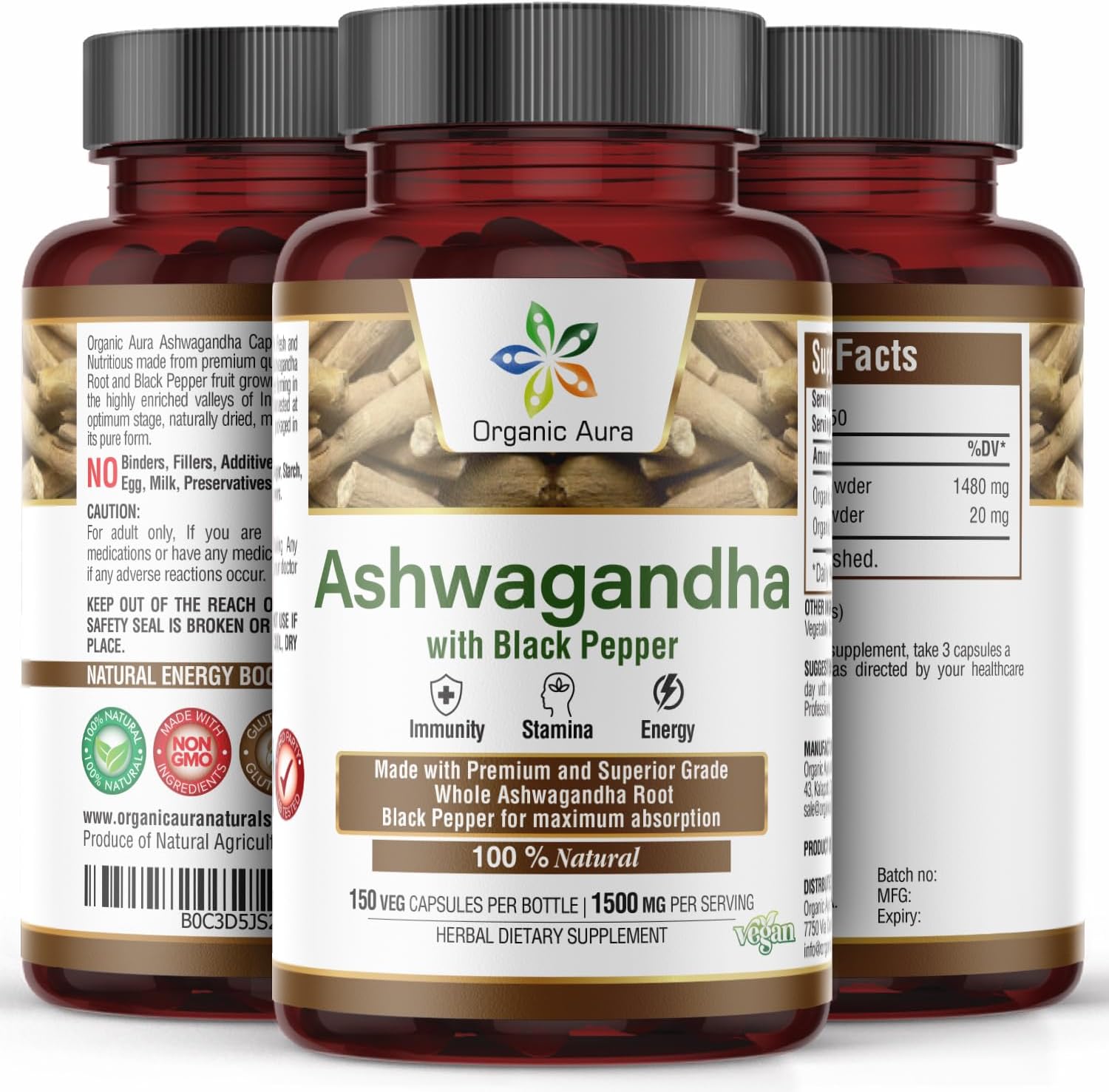 1500mg Organic Ashwagandha with Pepper Capsules - 150 Count, Non-GMO & Gluten-Free by Organic Aura International