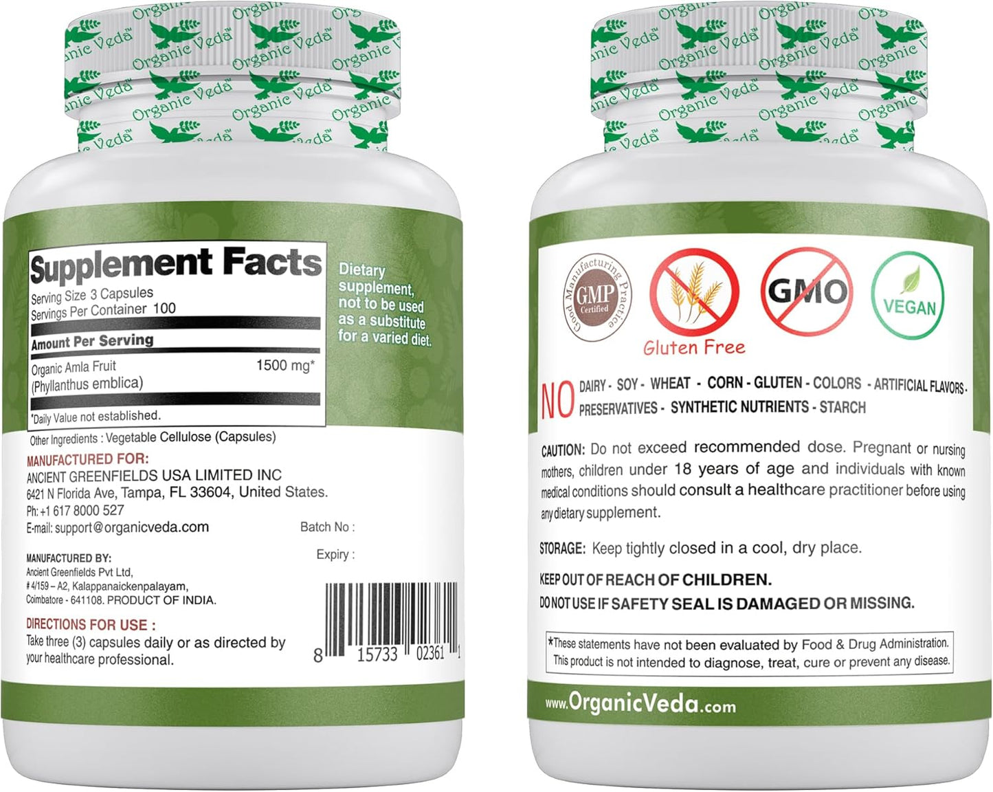 1500mg Organic Veda Amla Capsules - 300 Count Whole Fruit Amla Powder for Immunity, Skin Radiance - Vegan, Non GMO Raw Vitamin C Supplements