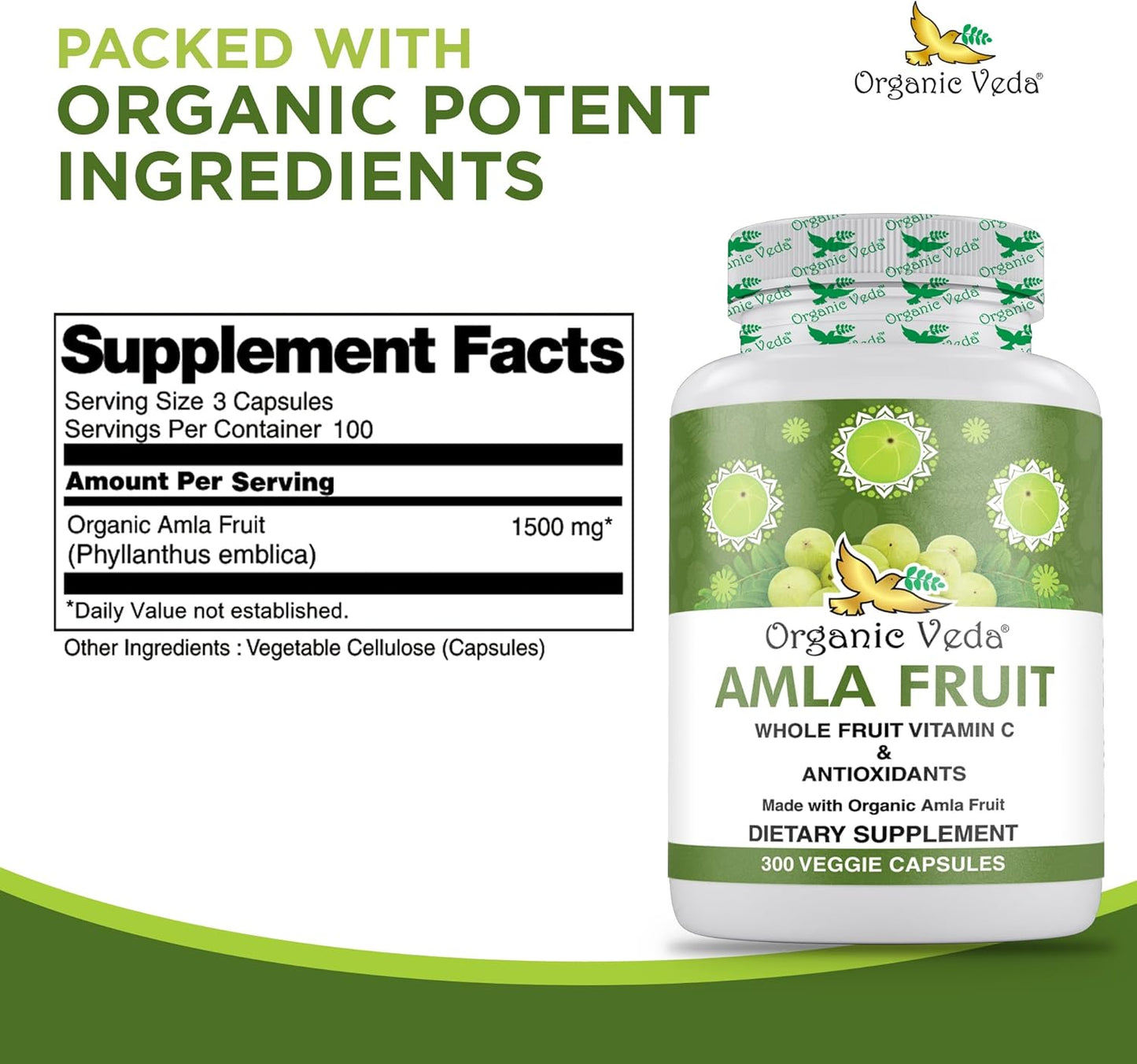 1500mg Organic Veda Amla Capsules - 300 Count Whole Fruit Amla Powder for Immunity, Skin Radiance - Vegan, Non GMO Raw Vitamin C Supplements