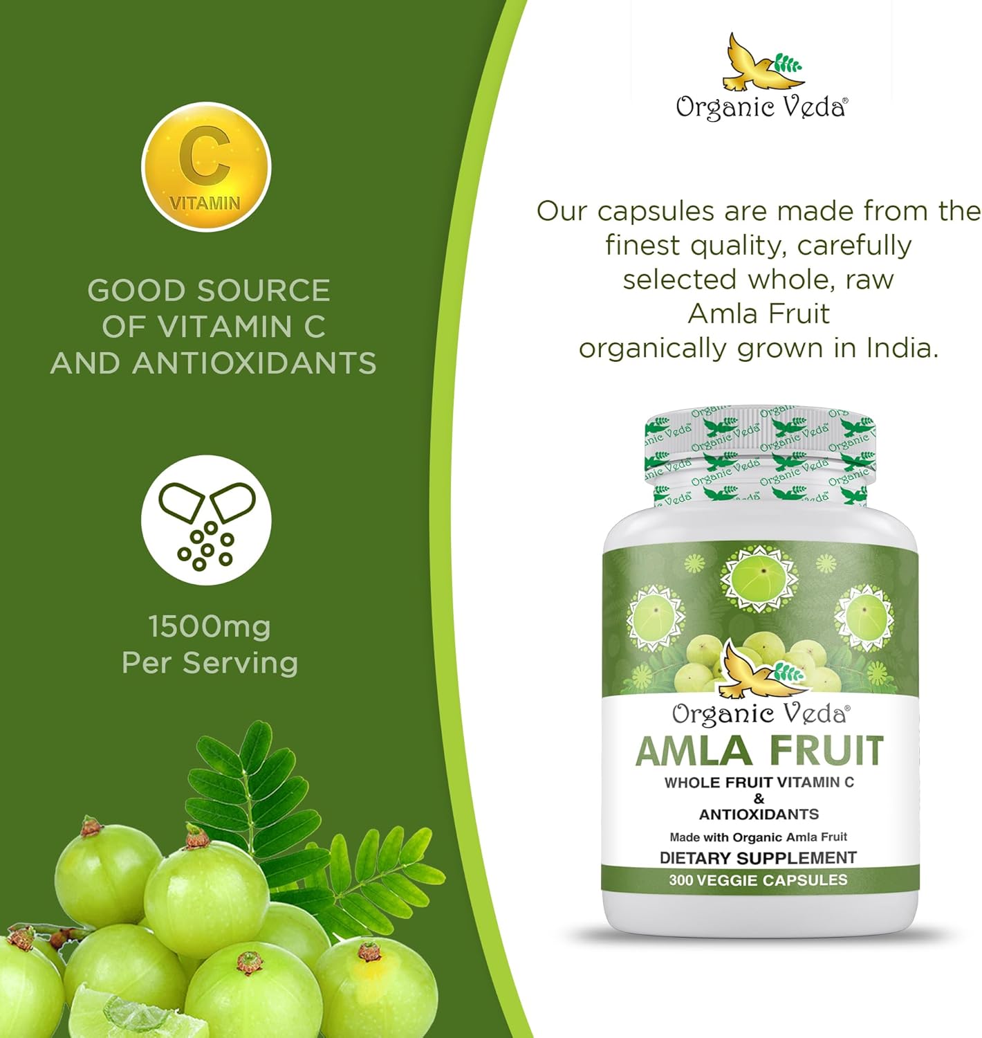 1500mg Organic Veda Amla Capsules - 300 Count Whole Fruit Amla Powder for Immunity, Skin Radiance - Vegan, Non GMO Raw Vitamin C Supplements