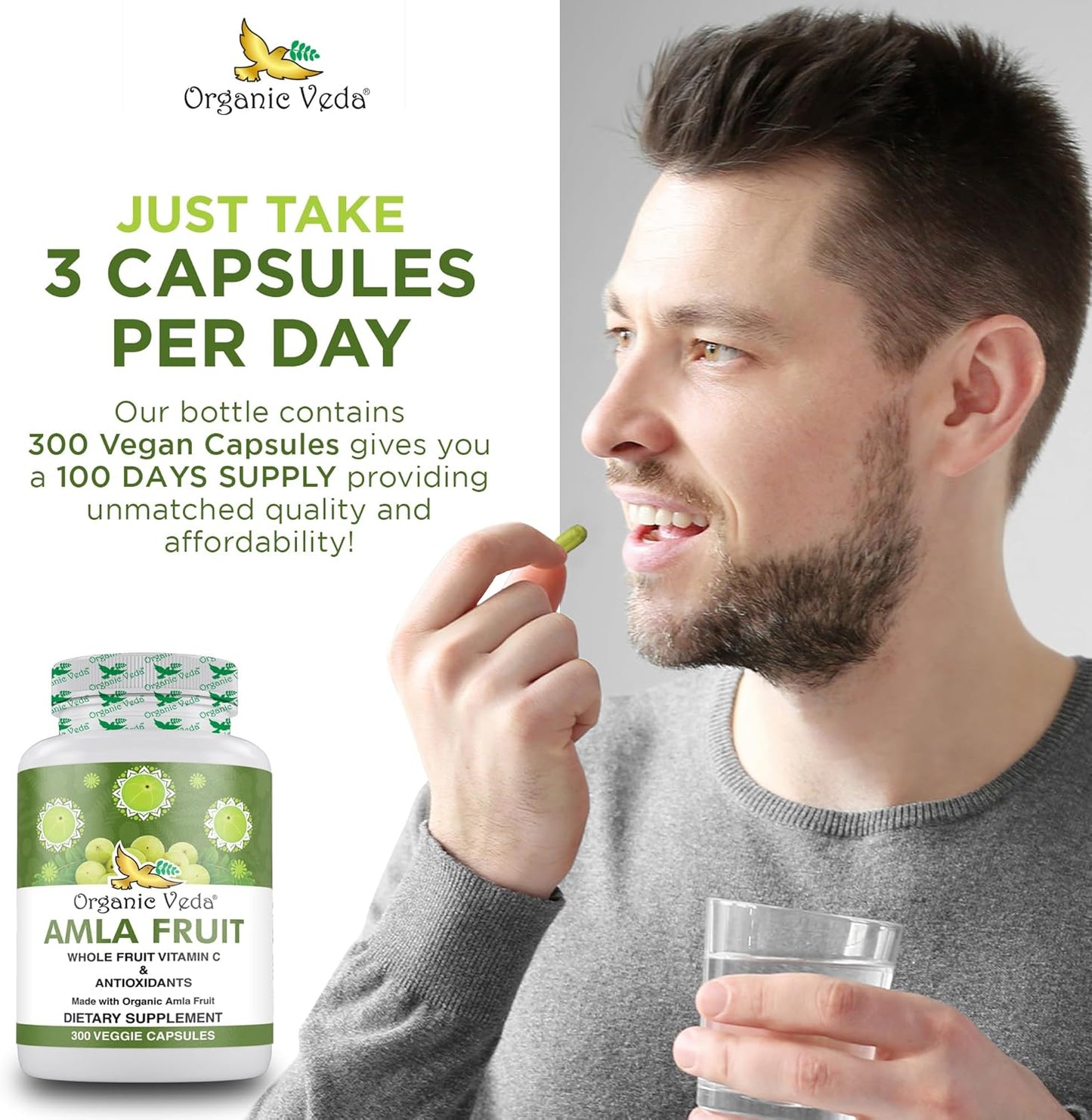 1500mg Organic Veda Amla Capsules - 300 Count Whole Fruit Amla Powder for Immunity, Skin Radiance - Vegan, Non GMO Raw Vitamin C Supplements