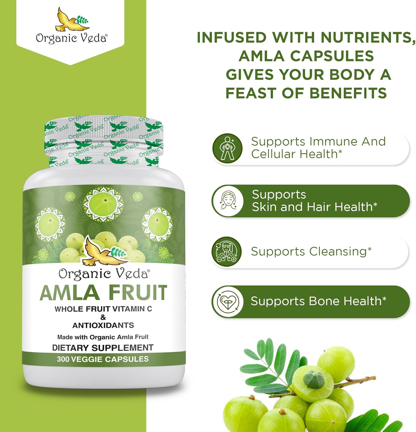1500mg Organic Veda Amla Capsules - 300 Count Whole Fruit Amla Powder for Immunity, Skin Radiance - Vegan, Non GMO Raw Vitamin C Supplements