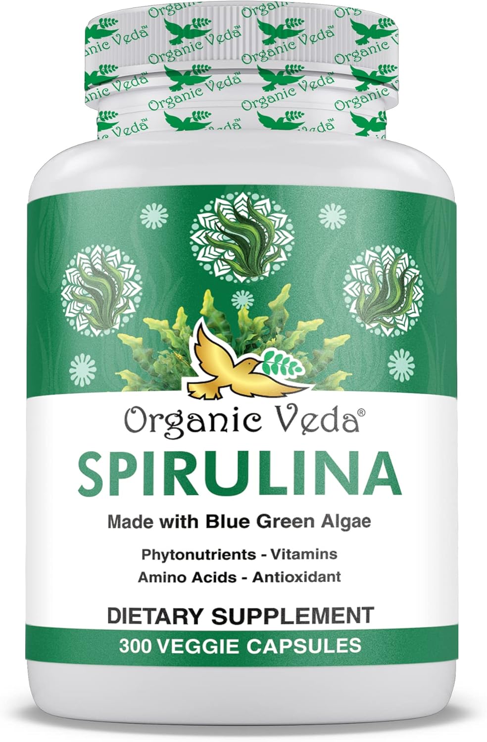 1500mg Organic Veda Spirulina Capsules - Green Superfood Supplement - Nutrient-Rich Blue-Green Algae - 300 Vegan Capsules