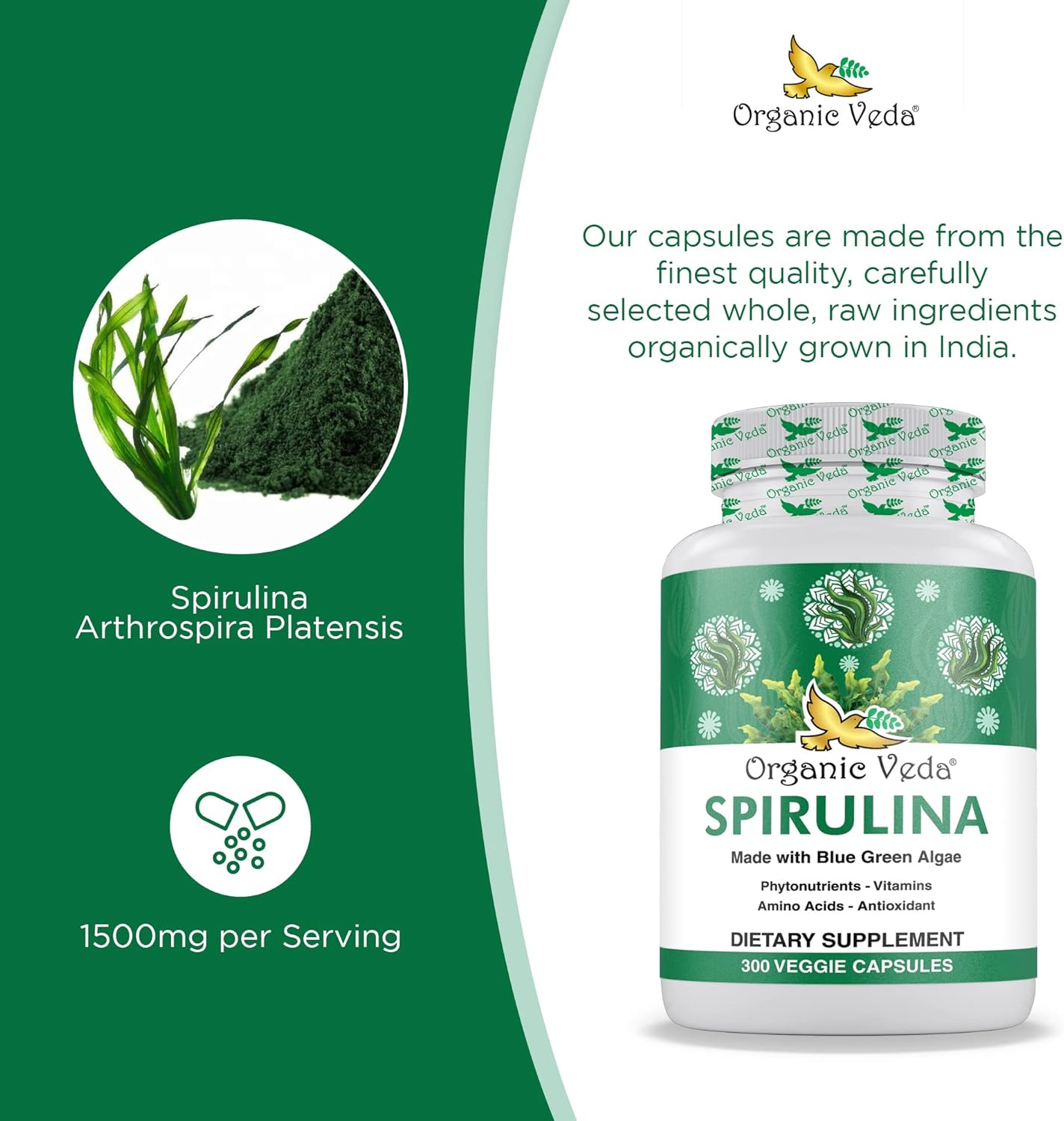 1500mg Organic Veda Spirulina Capsules - Green Superfood Supplement - Nutrient-Rich Blue-Green Algae - 300 Vegan Capsules