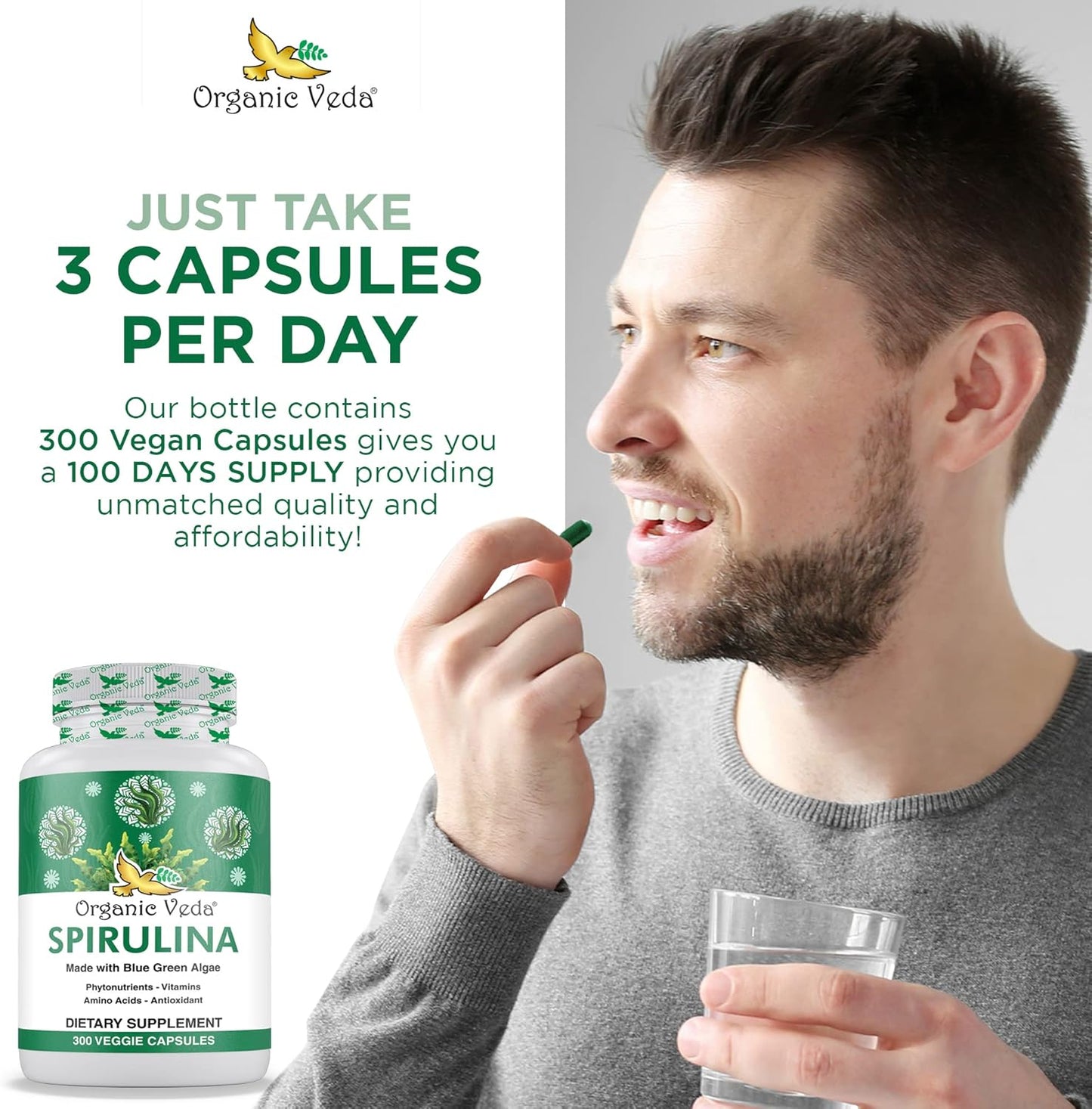 1500mg Organic Veda Spirulina Capsules - Green Superfood Supplement - Nutrient-Rich Blue-Green Algae - 300 Vegan Capsules