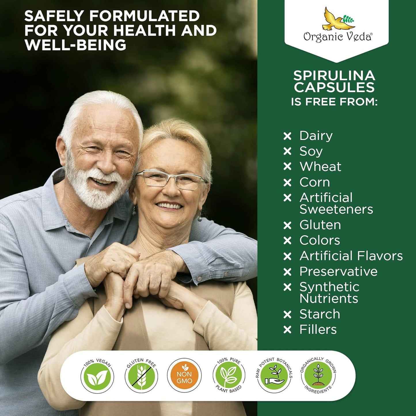 1500mg Organic Veda Spirulina Capsules - Green Superfood Supplement - Nutrient-Rich Blue-Green Algae - 300 Vegan Capsules