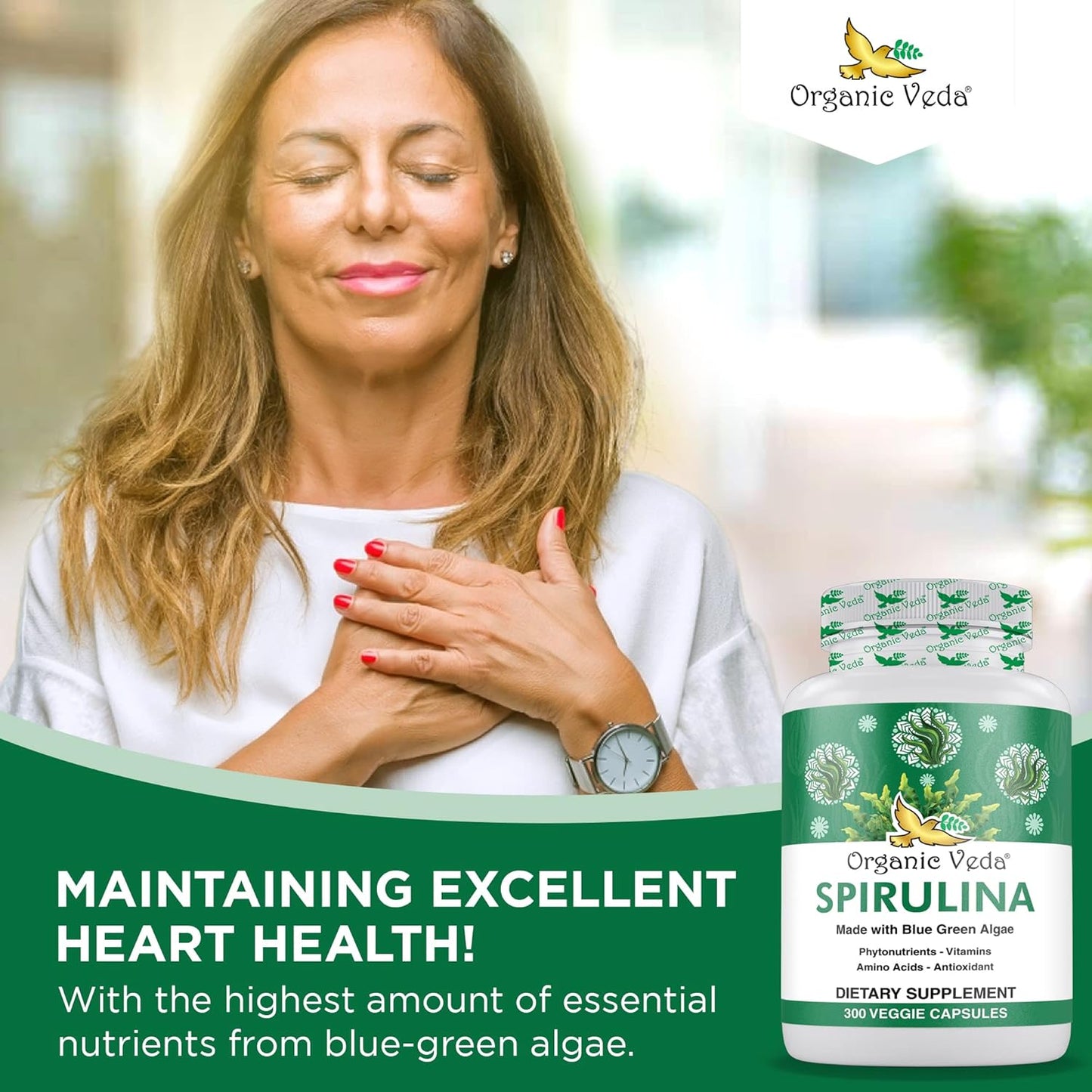 1500mg Organic Veda Spirulina Capsules - Green Superfood Supplement - Nutrient-Rich Blue-Green Algae - 300 Vegan Capsules
