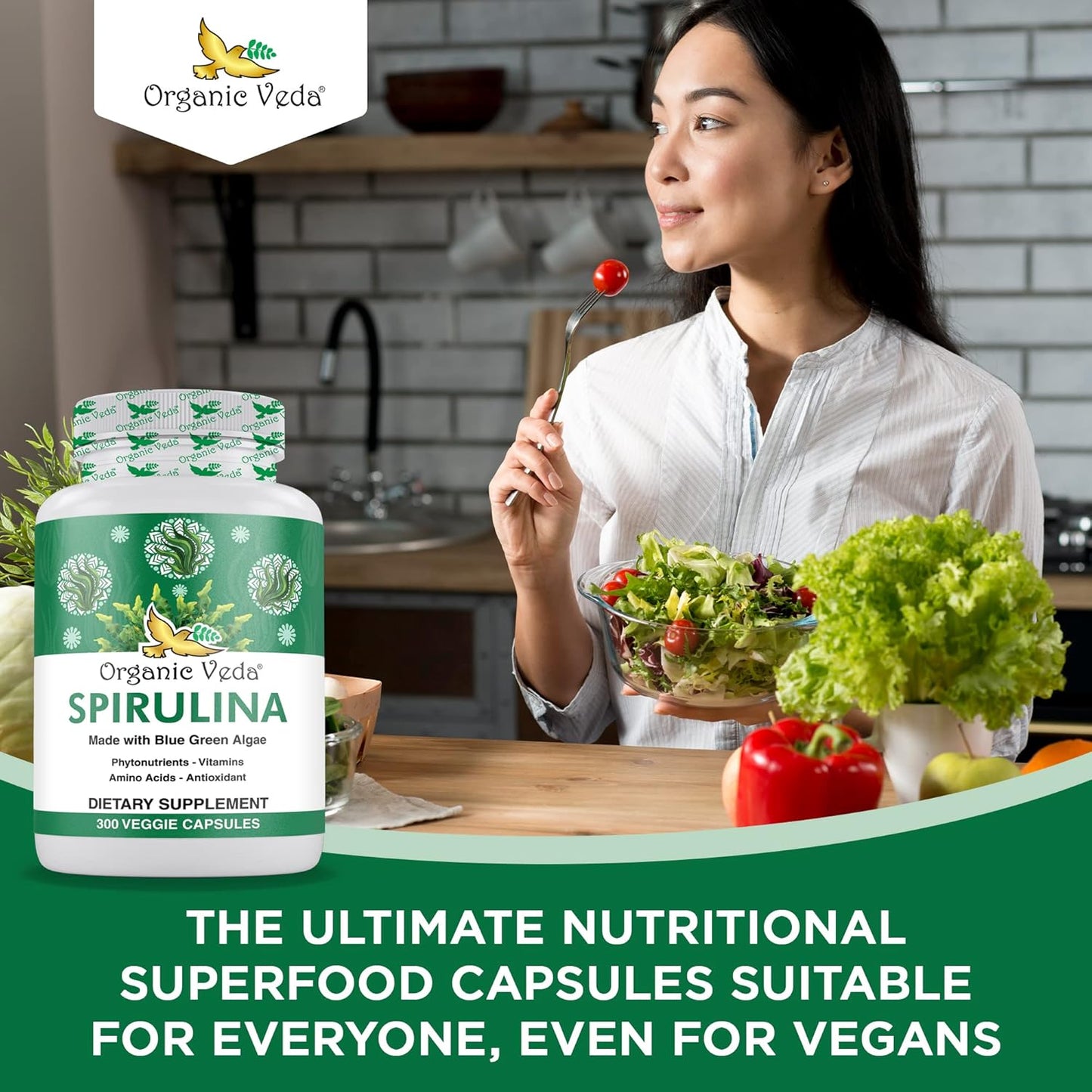 1500mg Organic Veda Spirulina Capsules - Green Superfood Supplement - Nutrient-Rich Blue-Green Algae - 300 Vegan Capsules