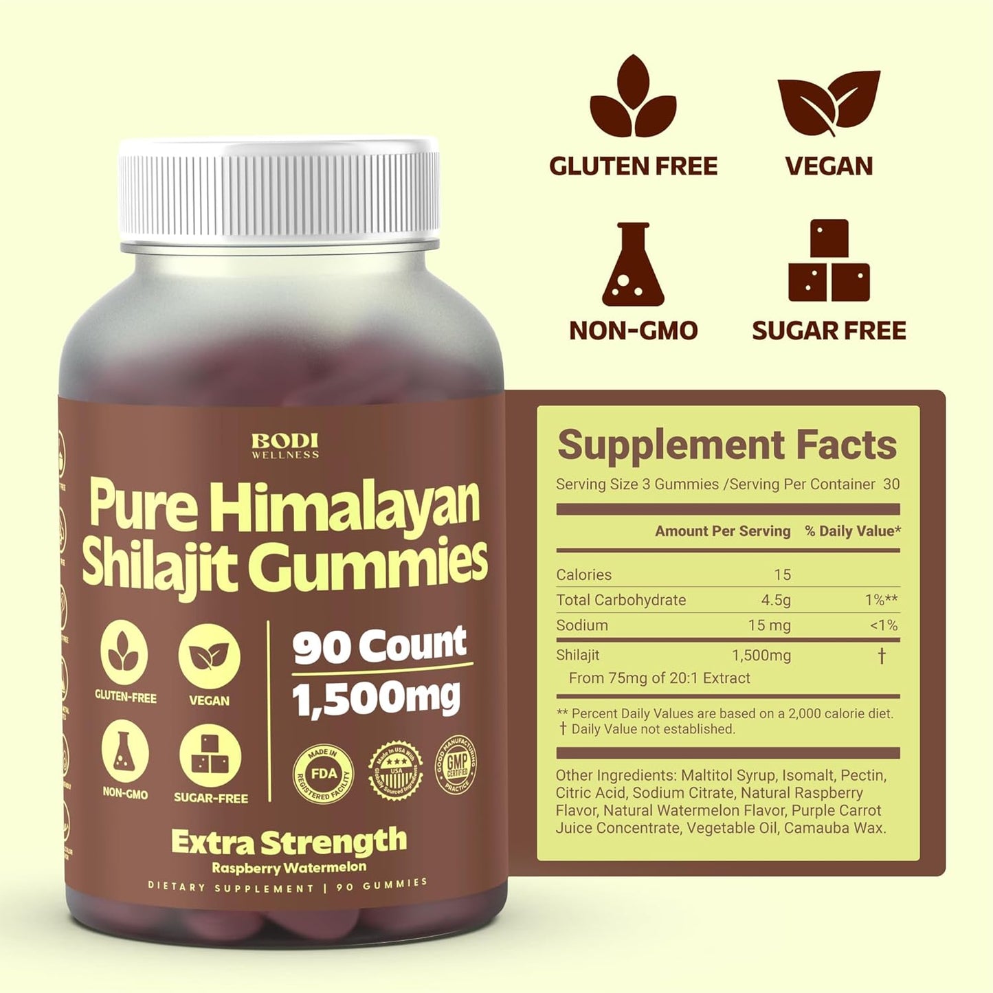 1500mg Pure Himalayan Shilajit Gummies - 180 Vegan & Sugar-Free with 85+ Trace Minerals for Natural Energy - Non-GMO Supplement for Men & Women