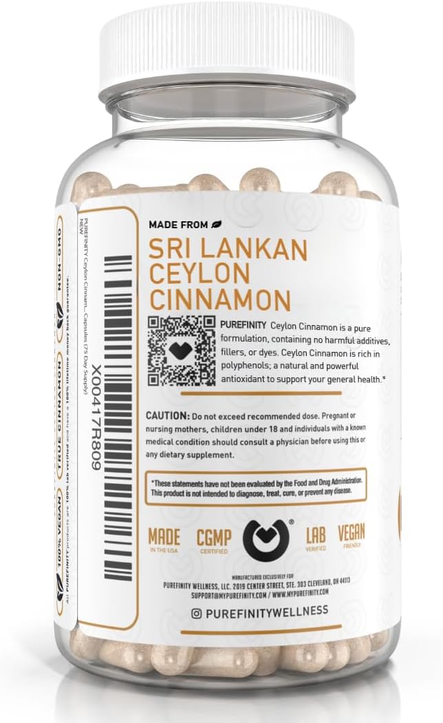 1500mg Purefinity Ceylon Cinnamon Capsules - Vegan Antioxidant Supplement, Non-GMO, 150 Count - Sri Lankan Bark Alternative