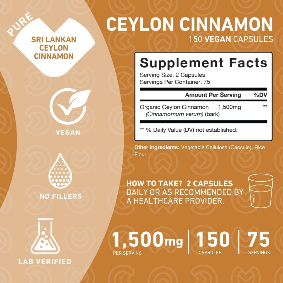 1500mg Purefinity Ceylon Cinnamon Capsules - Vegan Antioxidant Supplement, Non-GMO, 150 Count - Sri Lankan Bark Alternative