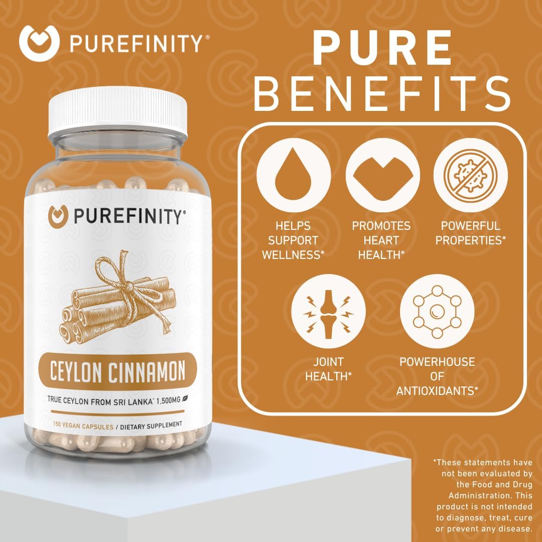 1500mg Purefinity Ceylon Cinnamon Capsules - Vegan Antioxidant Supplement, Non-GMO, 150 Count - Sri Lankan Bark Alternative