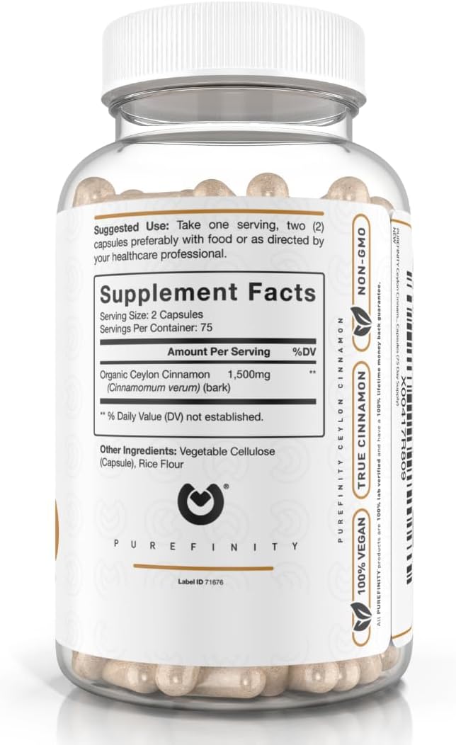 1500mg Purefinity Ceylon Cinnamon Capsules - Vegan Antioxidant Supplement, Non-GMO, 150 Count - Sri Lankan Bark Alternative
