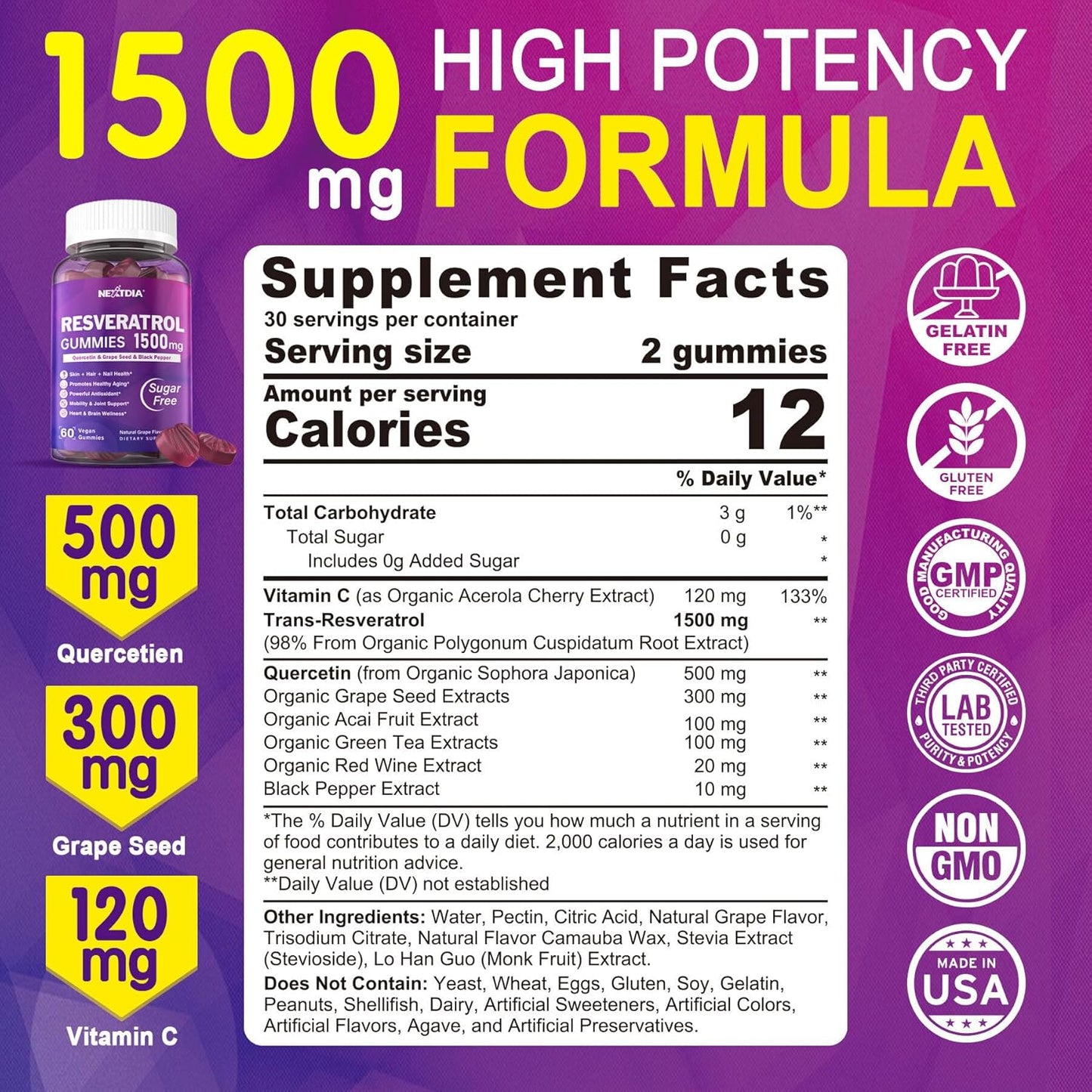 1500mg Resveratrol and Beet Root Gummies by Nextdia - Natural Antioxidant Support