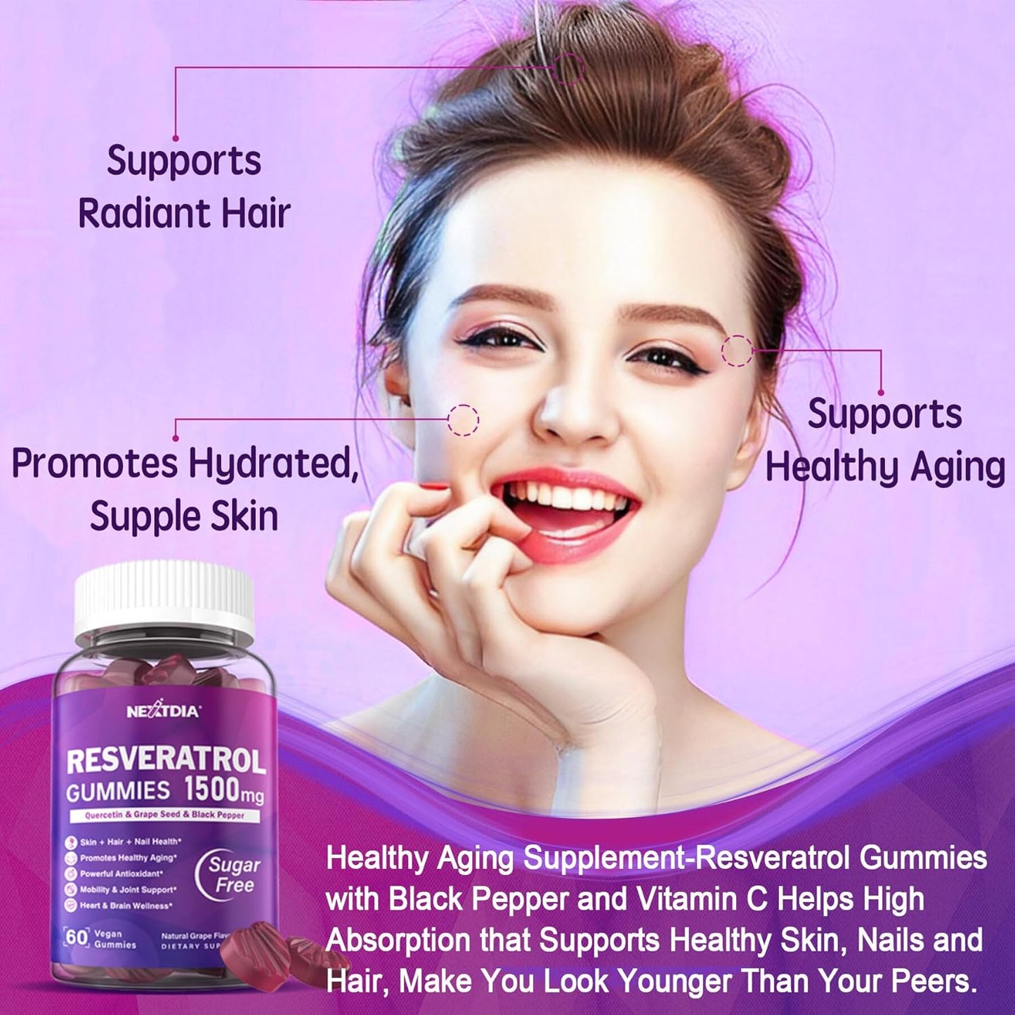 1500mg Resveratrol and Beet Root Gummies by Nextdia - Natural Antioxidant Support