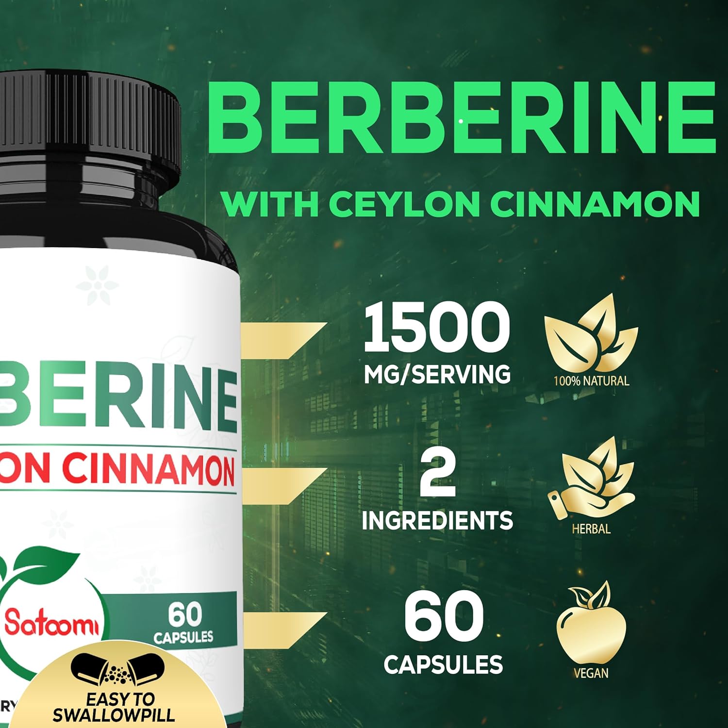 1500mg Satoomi Berberine & Ceylon Cinnamon Capsules - Immune Support, Digestive Health, Energy - 60ct - Gluten-Free, Non-GMO