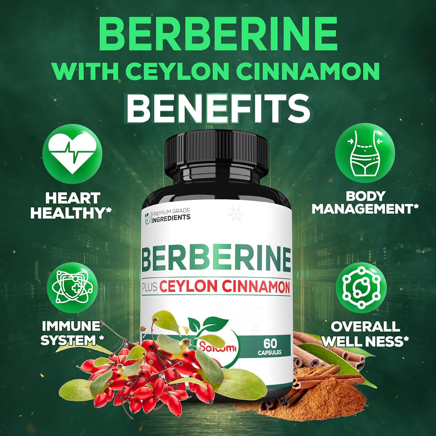 1500mg Satoomi Berberine & Ceylon Cinnamon Capsules - Immune Support, Digestive Health, Energy - 60ct - Gluten-Free, Non-GMO