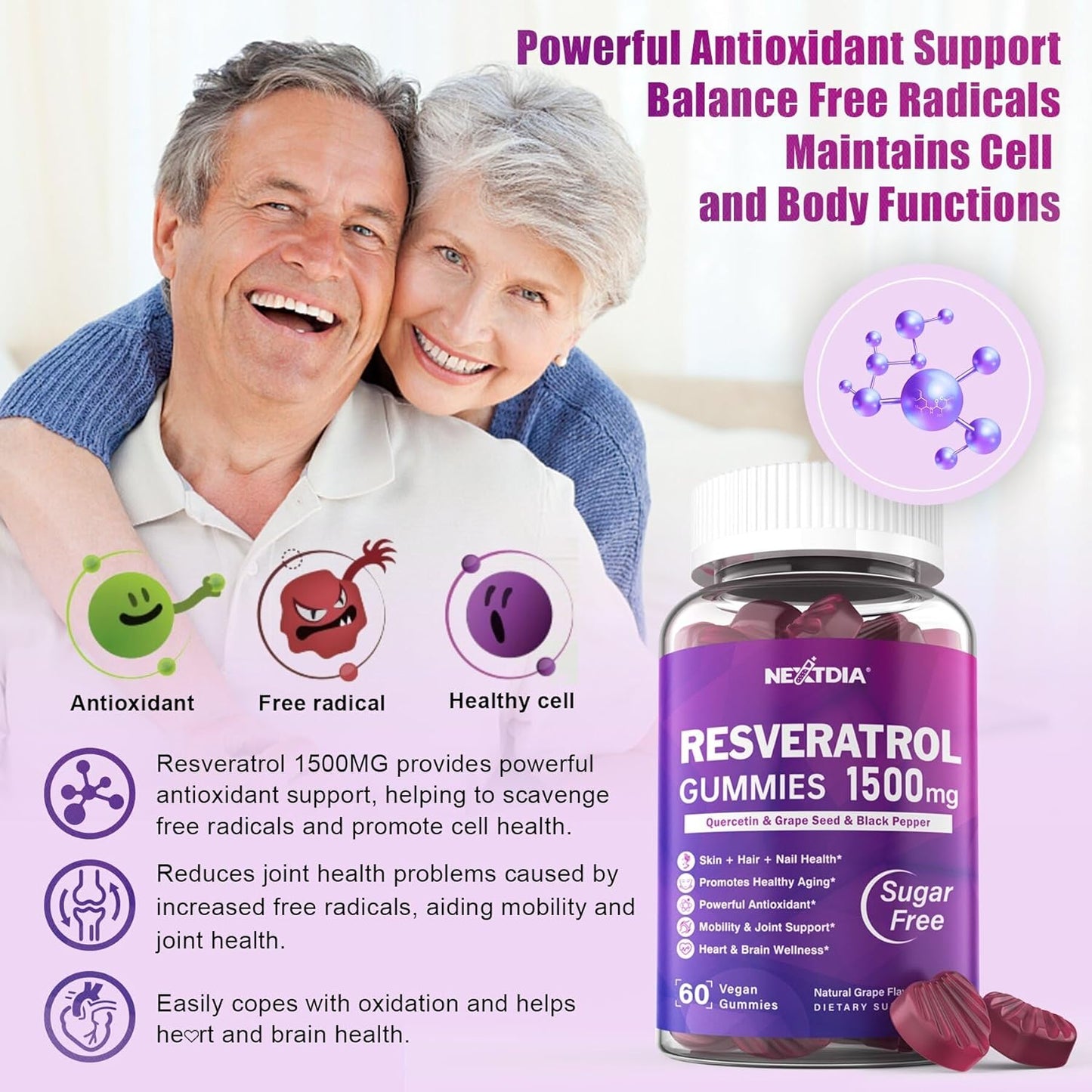 1500mg Sugar Free Resveratrol Gummies with CoQ10 and Magnesium for Healthy Aging & Longevity - 100 Gummies