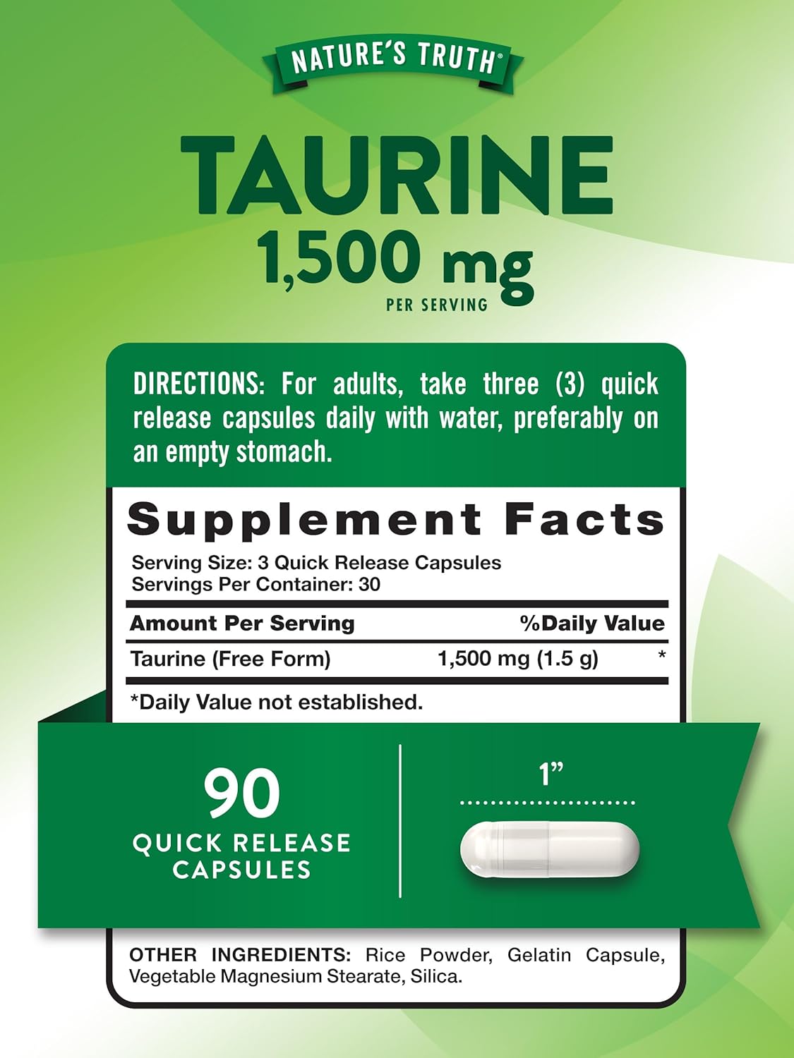 1500mg Taurine Supplement Capsules - Non-GMO & Gluten Free - 90 Count