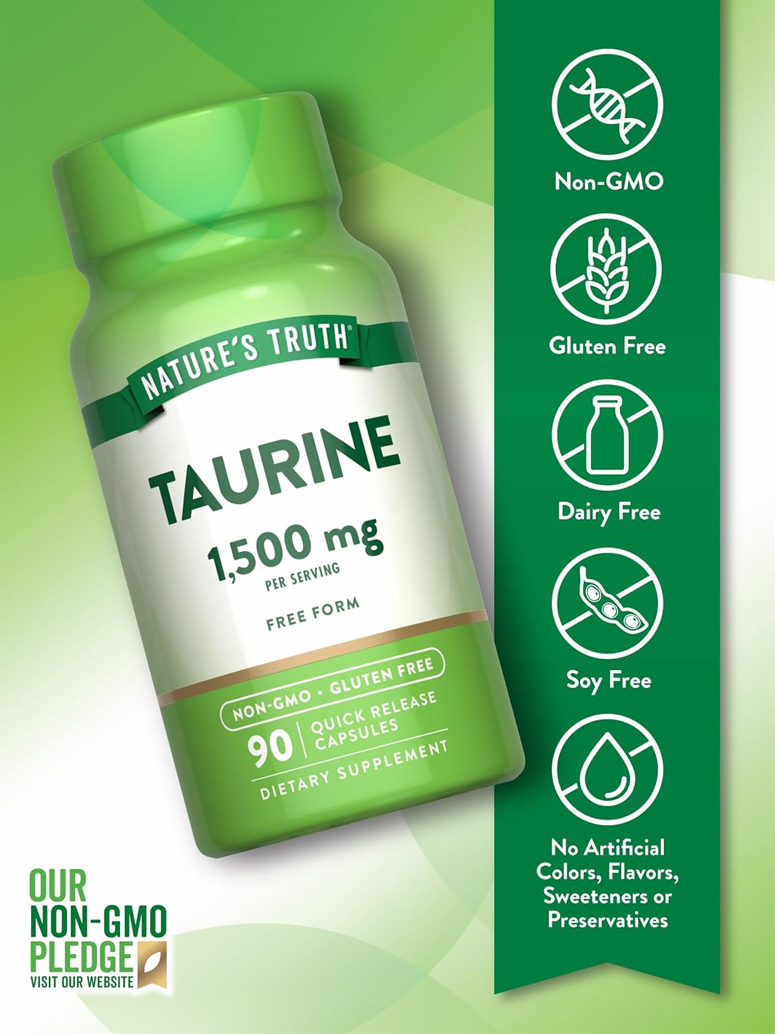 1500mg Taurine Supplement Capsules - Non-GMO & Gluten Free - 90 Count
