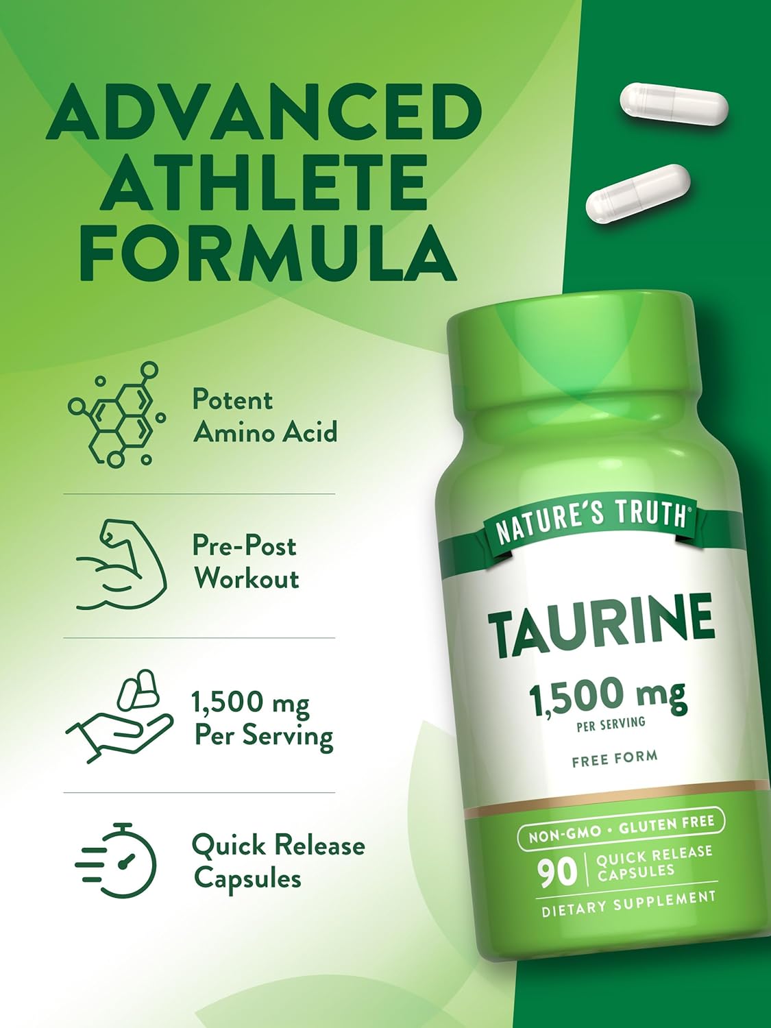 1500mg Taurine Supplement Capsules - Non-GMO & Gluten Free - 90 Count
