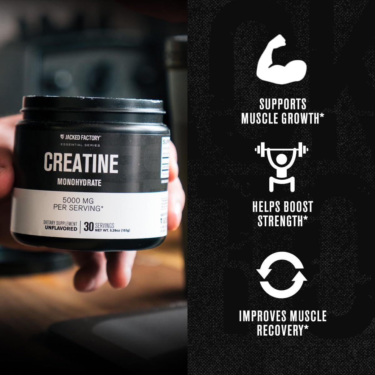 150g Jacked Factory Creatine Monohydrate Powder - Muscle Growth & Strength Supplement, Energy Boost, Athletic Performance - 30 Servings, Unflavored