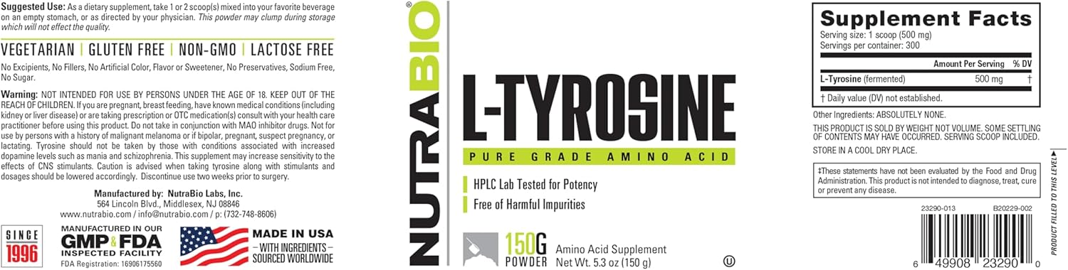 150g NutraBio L-Tyrosine Supplement for Enhanced Athletic Performance and Wellness Support