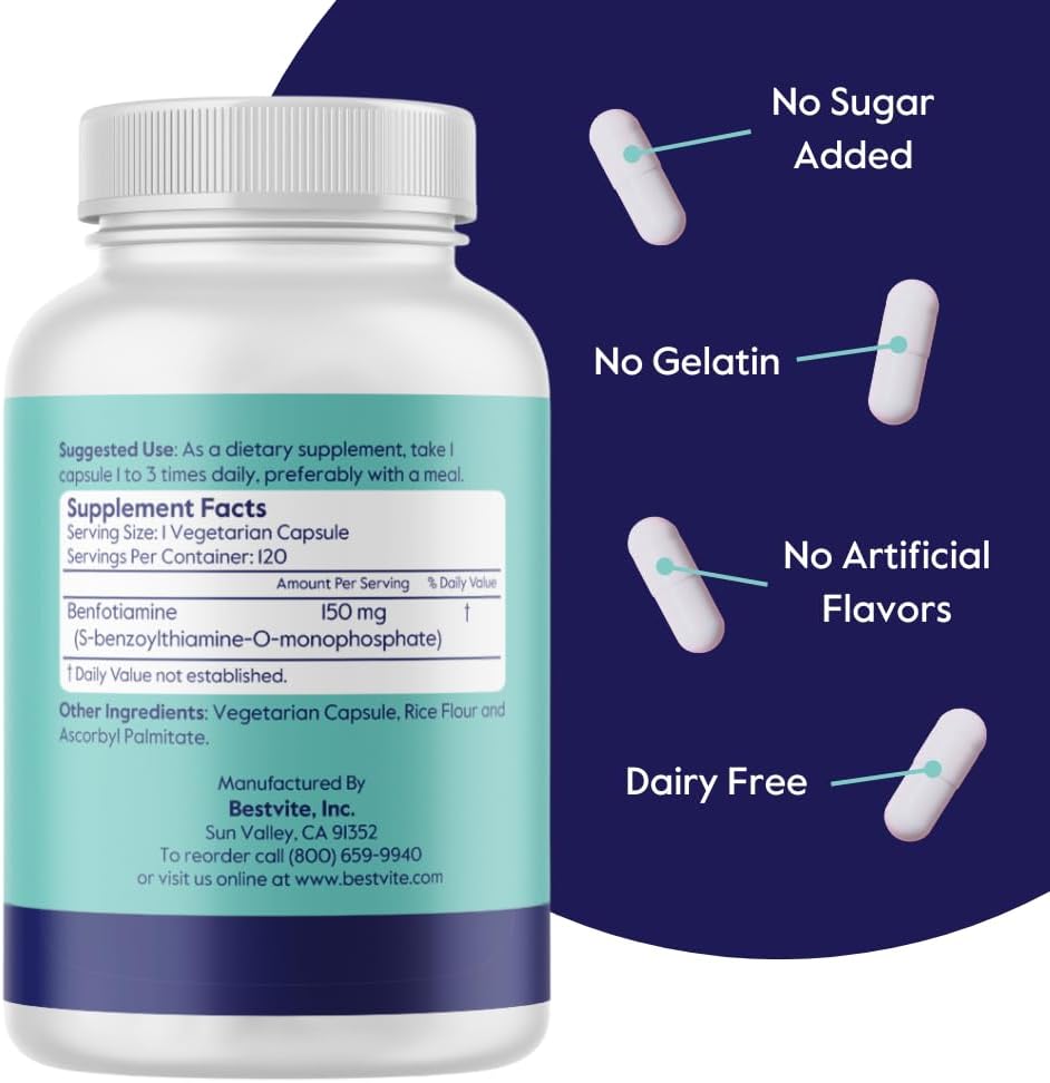 150mg Benfotiamine Capsules - 120 Vegetarian Capsules - Vegan & Non GMO - Gluten Free - No Stearates or Silicon Dioxide