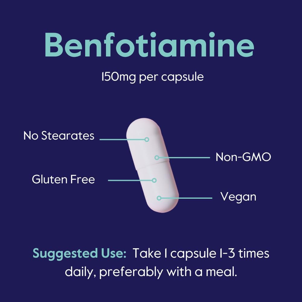 150mg Benfotiamine Capsules - 120 Vegetarian Capsules - Vegan & Non GMO - Gluten Free - No Stearates or Silicon Dioxide