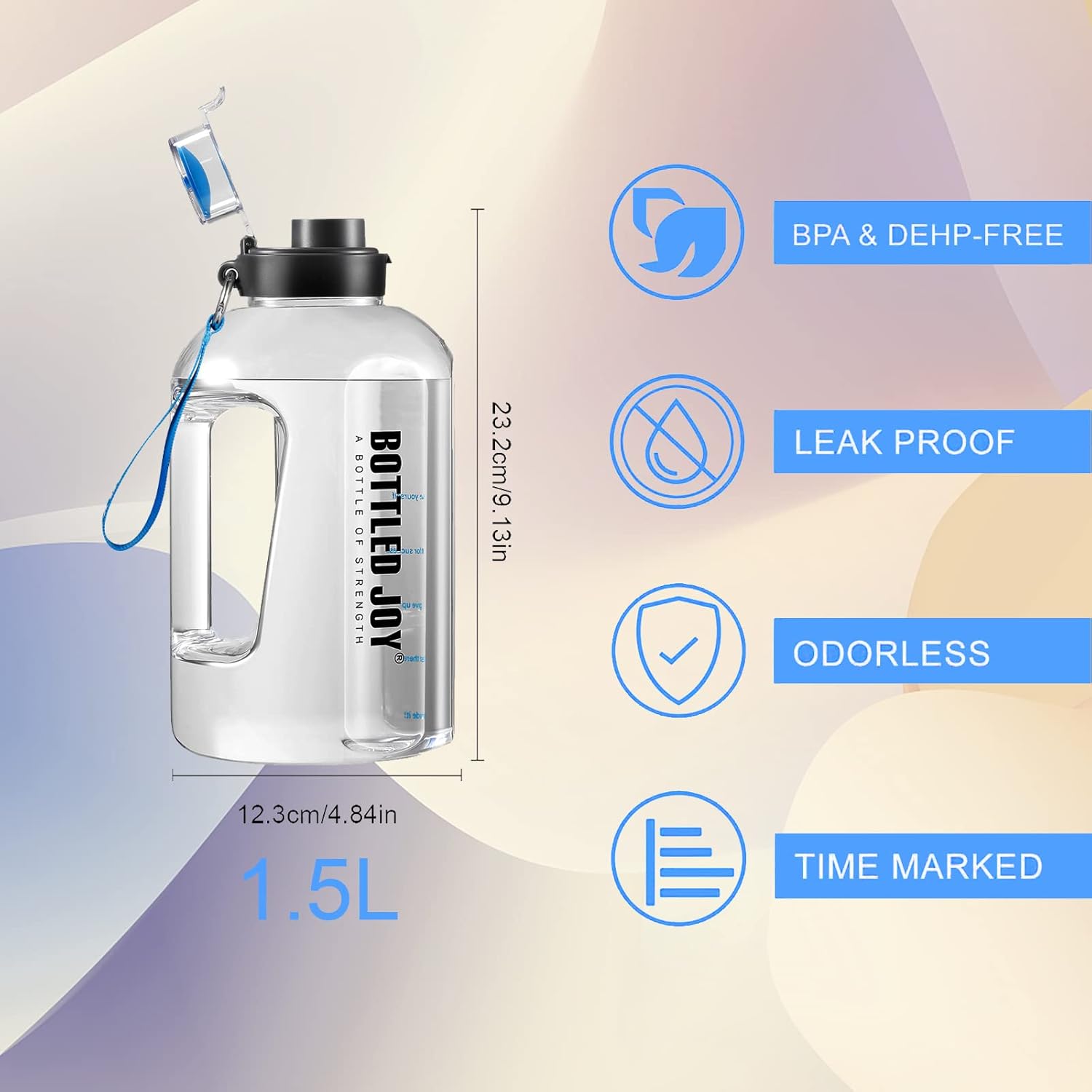 1.5L BPA-Free Sports Water Bottle with Time Markings - Leakproof, Reusable, Flip Top for Sports, Cycling, Camping