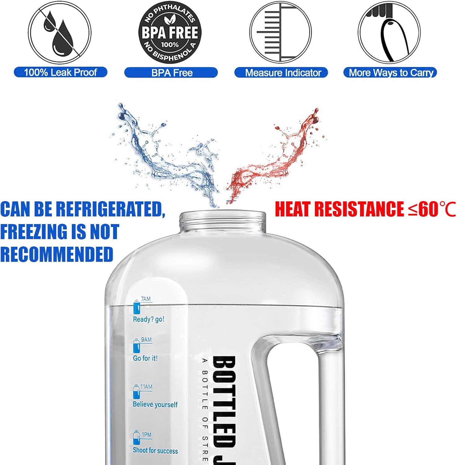 1.5L BPA-Free Sports Water Bottle with Time Markings - Leakproof, Reusable, Flip Top for Sports, Cycling, Camping