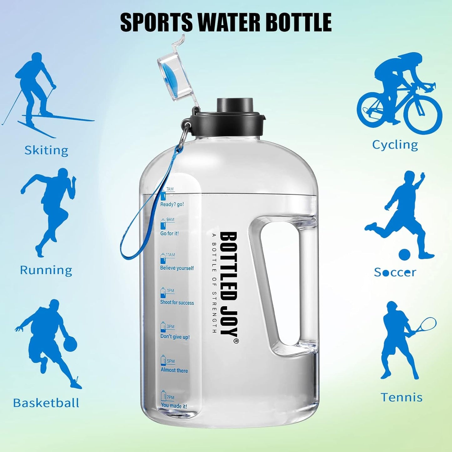 1.5L BPA-Free Sports Water Bottle with Time Markings - Leakproof, Reusable, Flip Top for Sports, Cycling, Camping