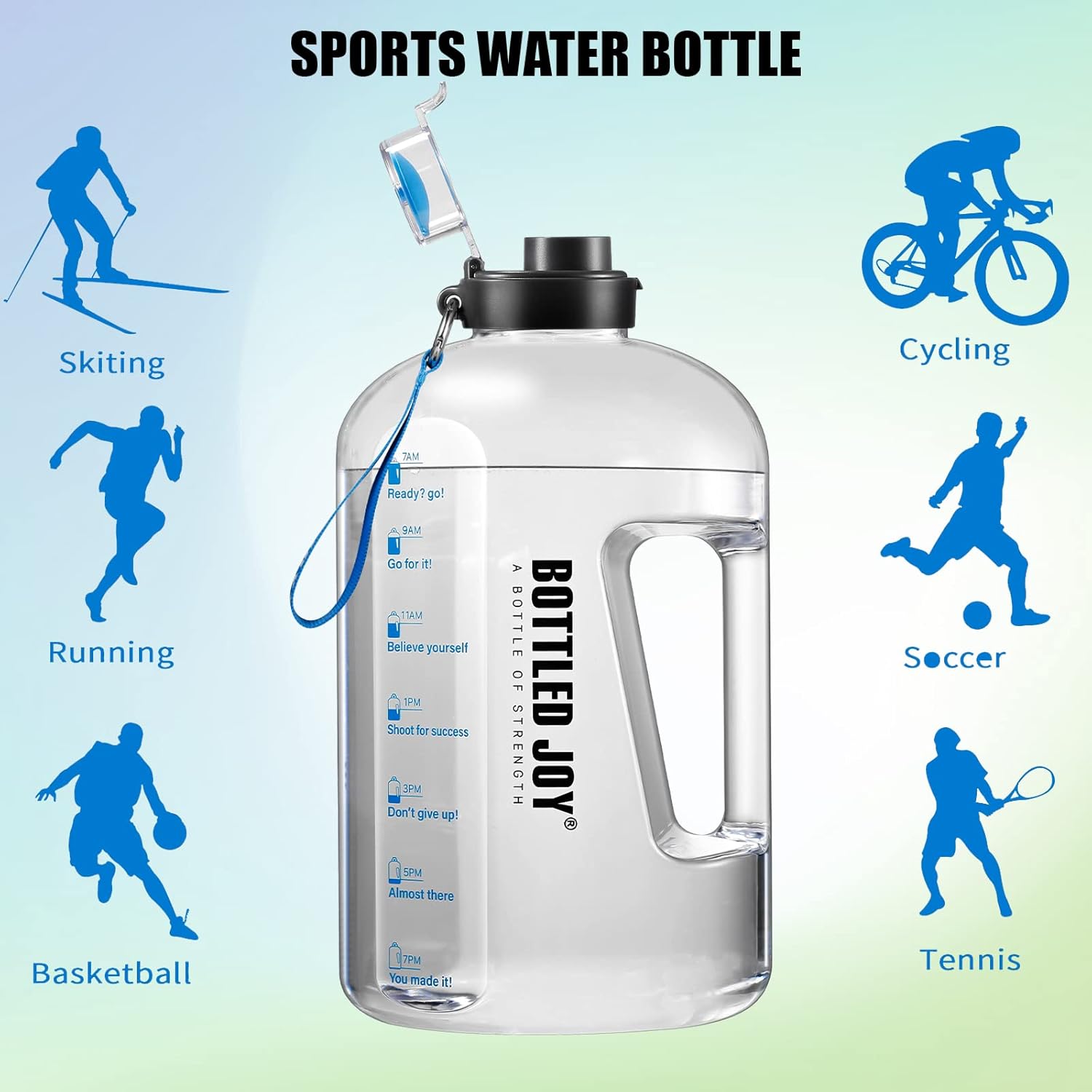 1.5L BPA-Free Sports Water Bottle with Time Markings - Leakproof, Reusable, Flip Top for Sports, Cycling, Camping