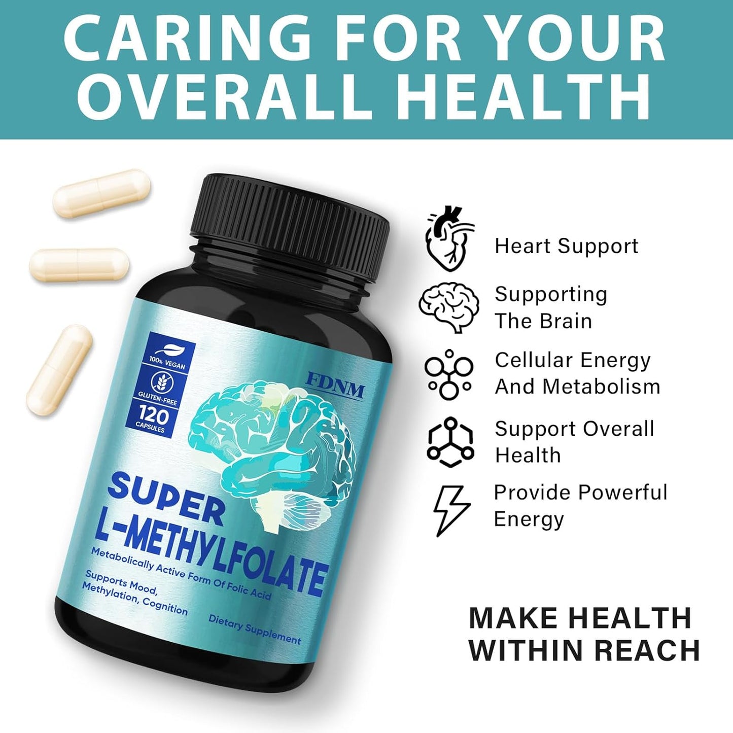 15mg Professional Strength L-Methylfolate Supplement for Mood & Nerve Support - Non-GMO, Gluten-Free Capsules - 120 Count