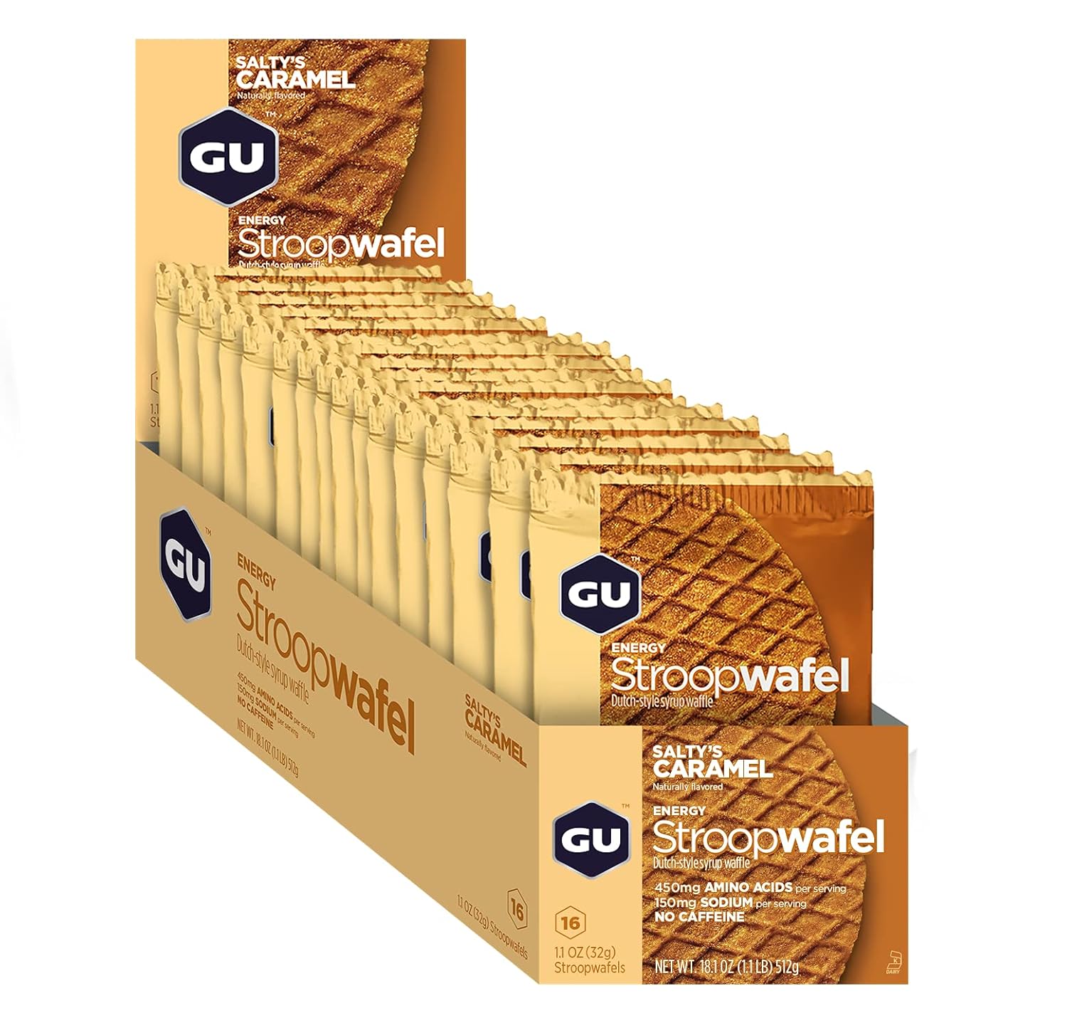 16-Count GU Energy Stroopwafel Salty's Caramel Sports Nutrition Waffles: Caffeine-Free, Kosher Dairy, On-the-Go Energy for Workouts