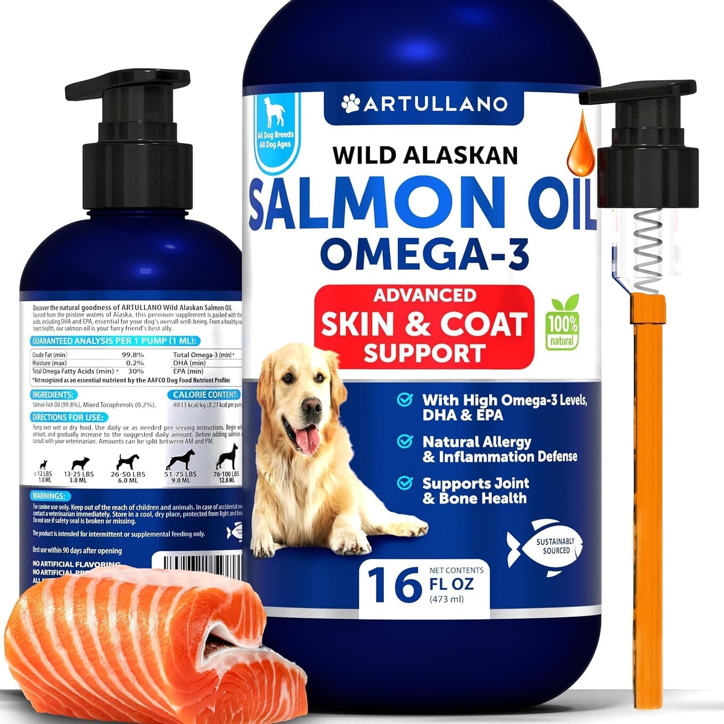 16 FL OZ Artullano Wild Alaskan Salmon Oil for Dogs - Liquid Omega 3 Supplement for Skin, Coat, Joint & Bone Health - Natural EPA & DHA Fatty Acids - Supports Allergy Relief & Shedding - Fish Oil